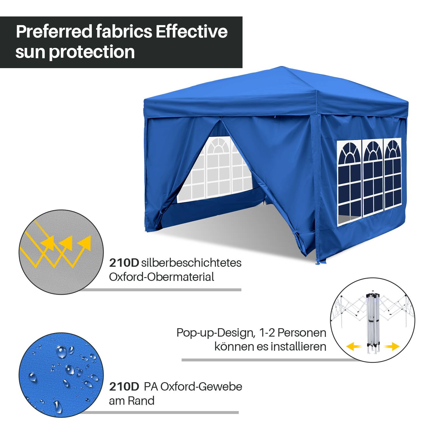 Pavillon Faltpavillon 3x3m Blau mit Seitenwänden Partyzelt UV-Schutz höhenverstellbarer mit Tragetasche, für Outdoor Garten Camping