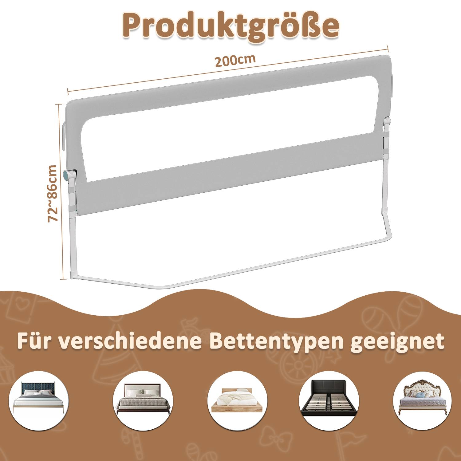 200cm Kinder Bettschutzgitter Bettgitter Kinderbettgitter Babybettgitter Klappbar Höhenverstellbar Rausfallschutz für Familienbett und Kinderbett