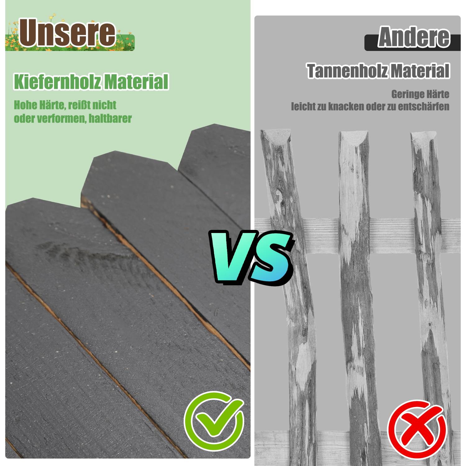 Rasenkante Rollborder Kiefernholz Holzzaun Rolborder 200*40*1.5cm Unbehandelt Beeteinfassung Rasenkante Gartenzaun Holz Dekozaun