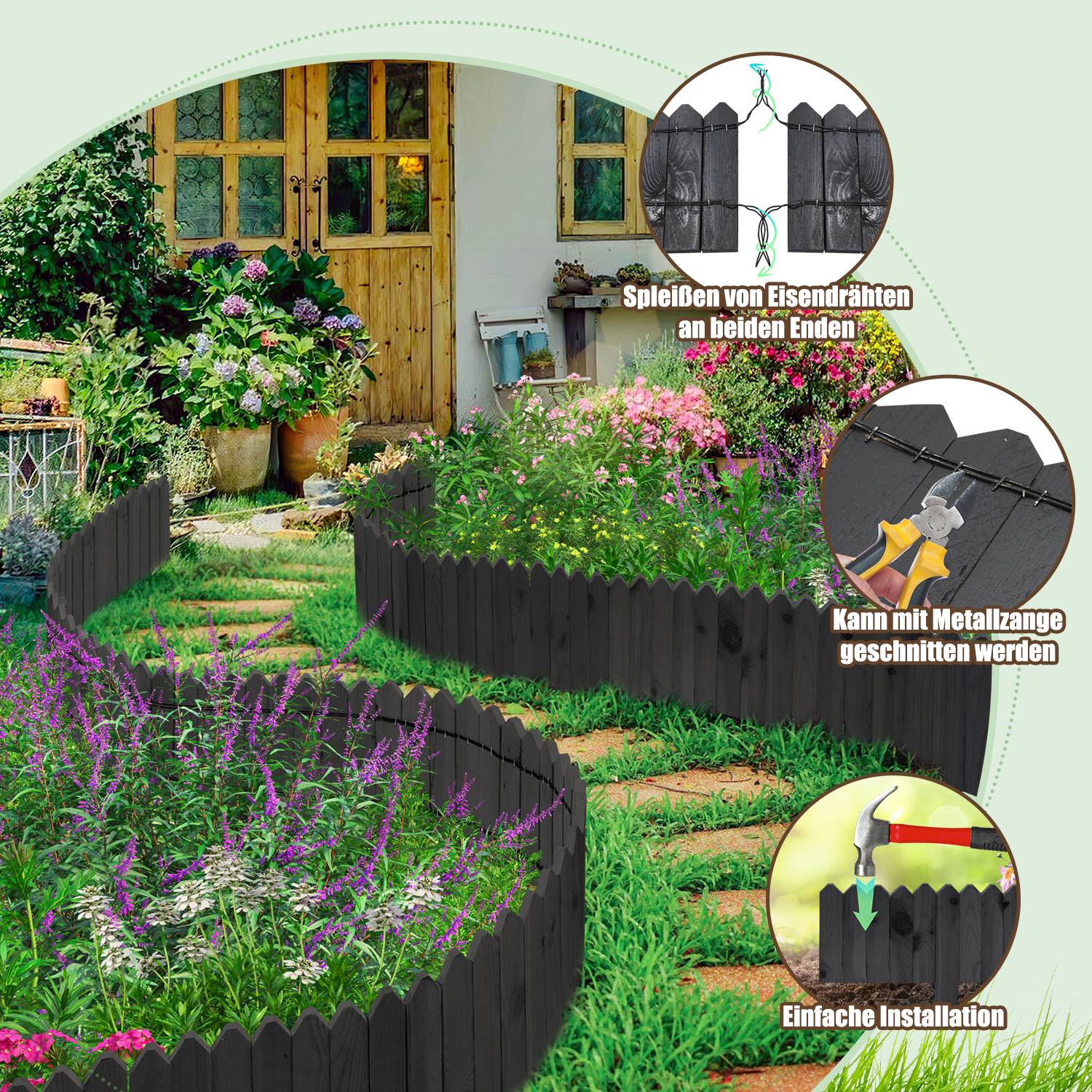 Rasenkante Rollborder Kiefernholz Holzzaun Rolborder 200*40*1.5cm Unbehandelt Beeteinfassung Rasenkante Gartenzaun Holz Dekozaun