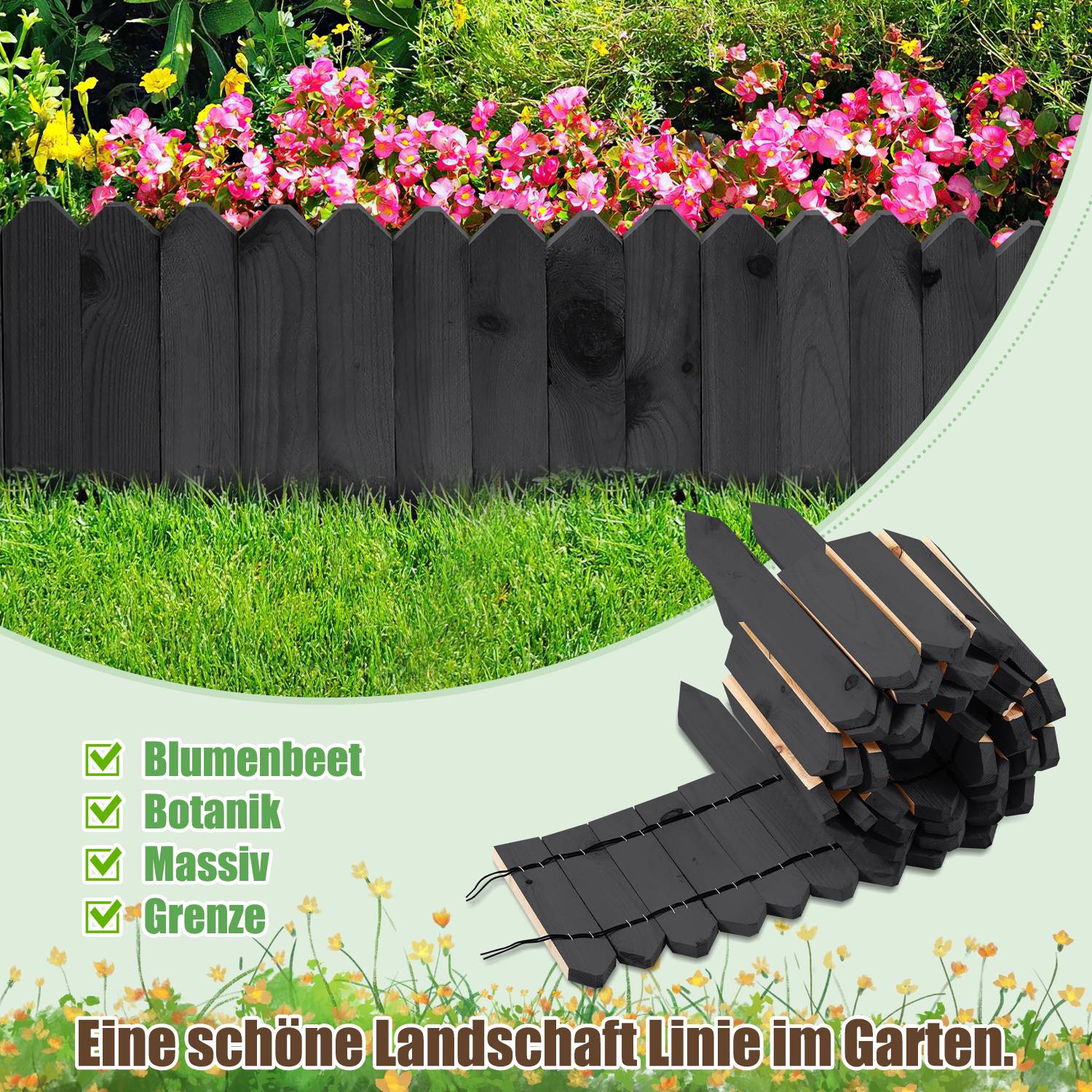 Rasenkante Rollborder Kiefernholz Holzzaun Rolborder 200*30*1.5cm Unbehandelt Beeteinfassung Rasenkante Gartenzaun Holz Dekozaun