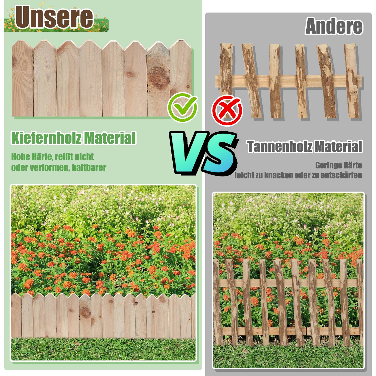 Rasenkante Rollborder Kiefernholz Holzzaun Rolborder 200*10*1.5cm Unbehandelt Beeteinfassung Rasenkante Gartenzaun Holz Dekozaun