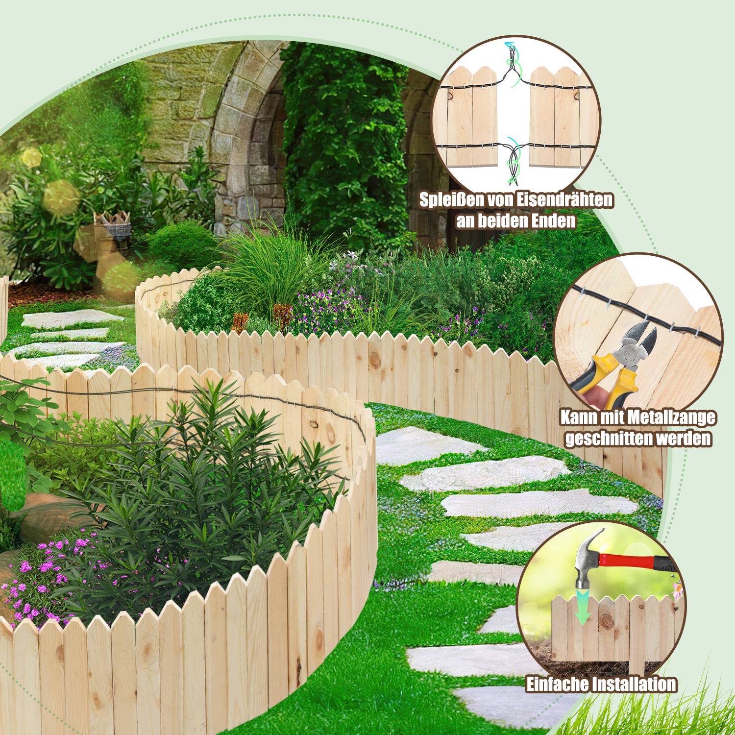 Rasenkante Rollborder Kiefernholz Holzzaun Rolborder 200*20*1.5cm Unbehandelt Beeteinfassung Rasenkante Gartenzaun Holz Dekozaun