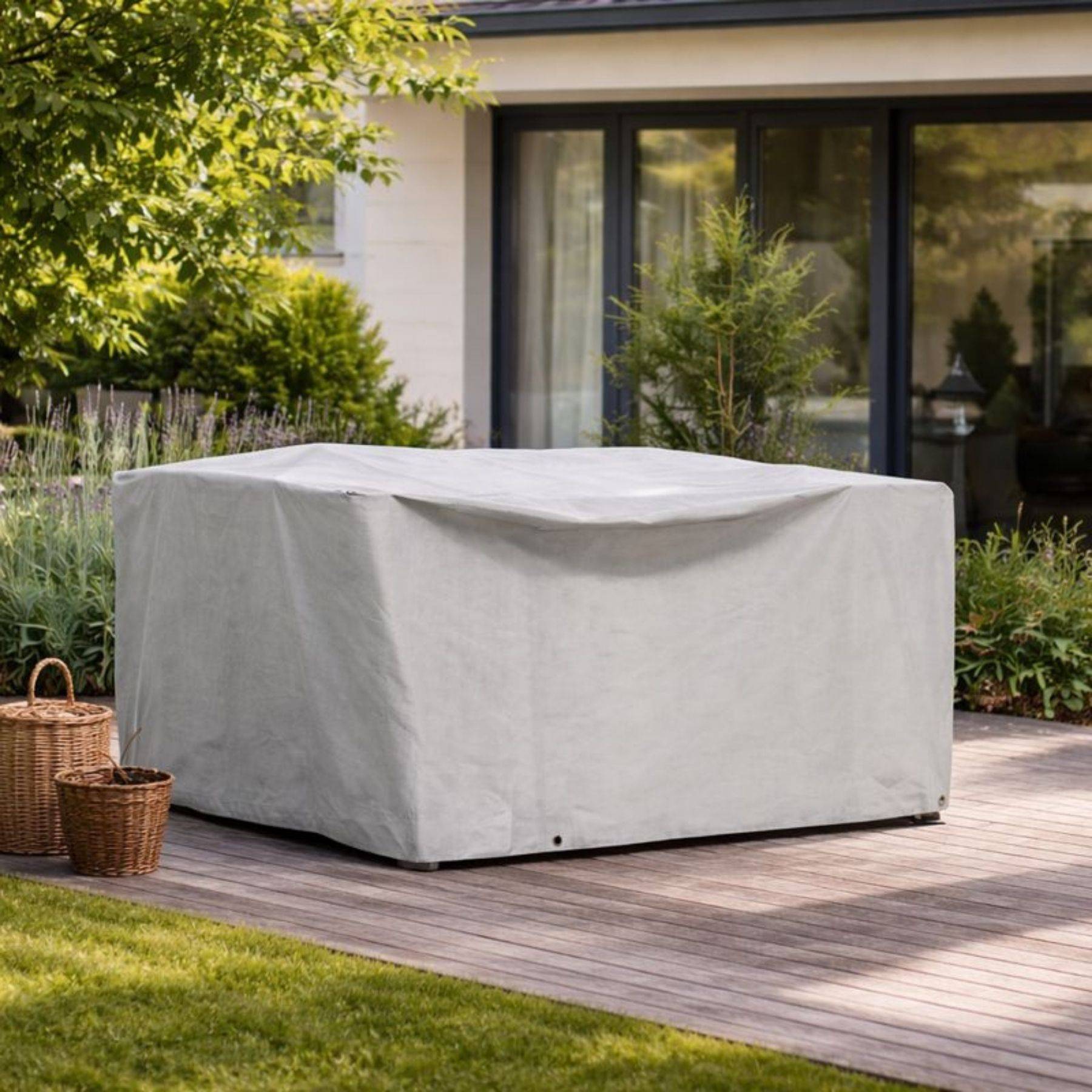 Ein überdachter Patioschuhtisch auf einem Holzdeck in einer Gartenumgebung, umgeben von grünem Laub und einem Haus mit großen Fenstern im Hintergrund.