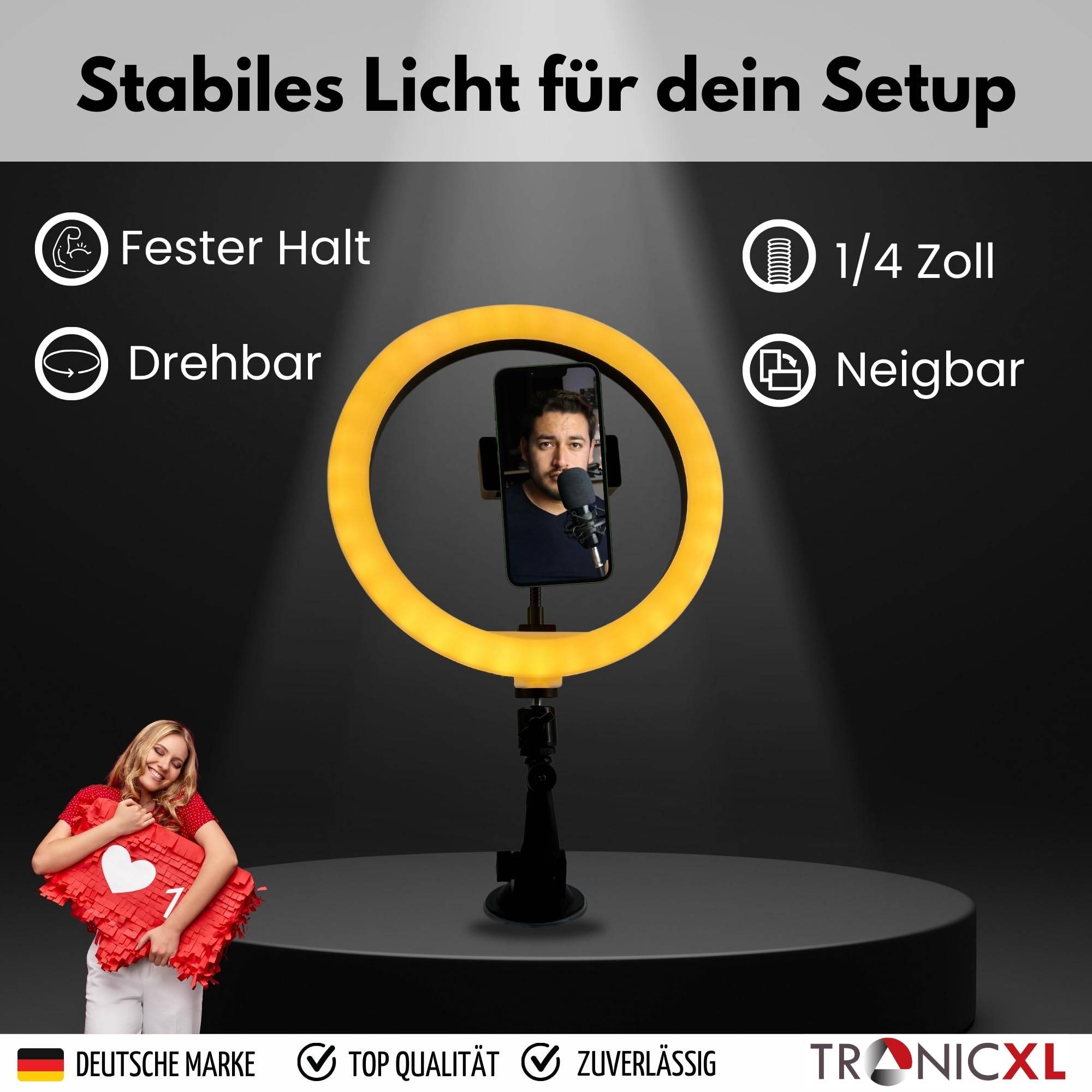 Ringlicht mit Saugnapf Halterung Ring Light Handy Halter kompatibel mit iPhone Smartphone Licht Ständer für YouTube Video Stream TikTok Foto Video