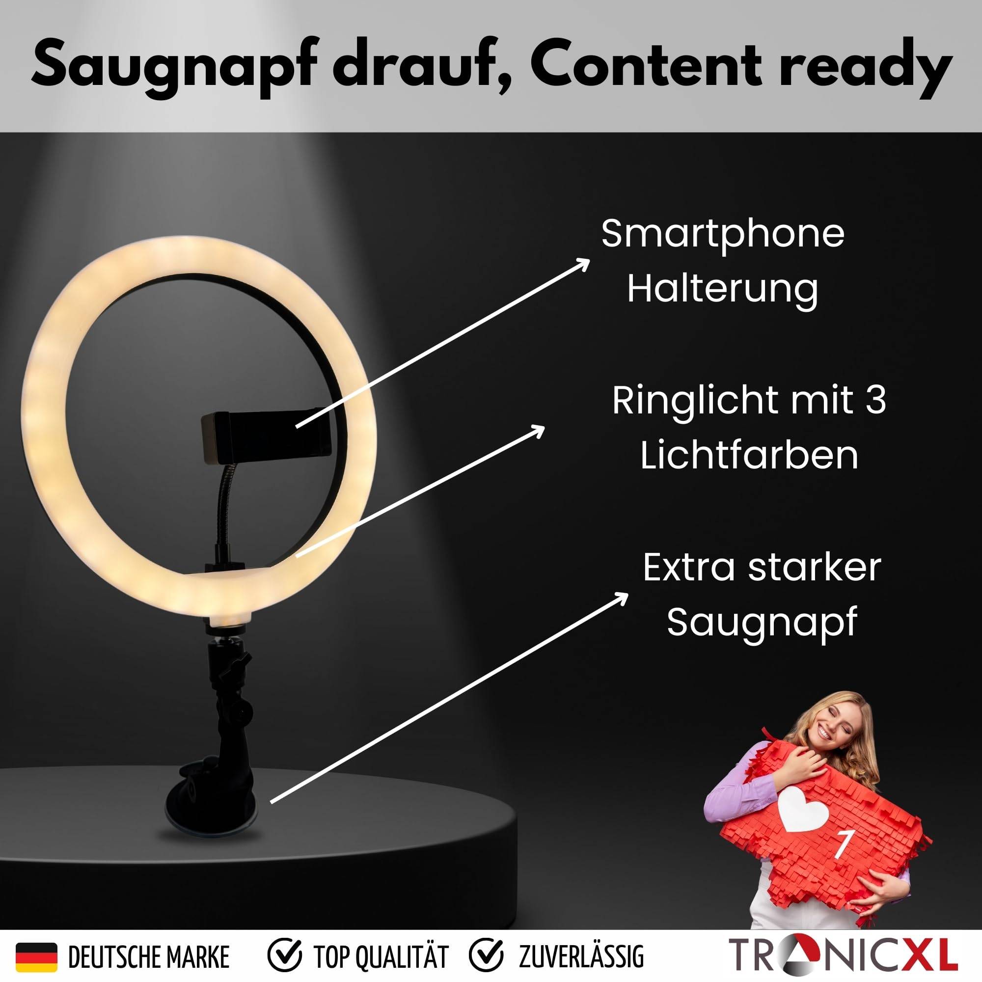 Ringlicht mit Saugnapf Halterung Ring Light Handy Halter kompatibel mit iPhone Smartphone Licht Ständer für YouTube Video Stream TikTok Foto Video