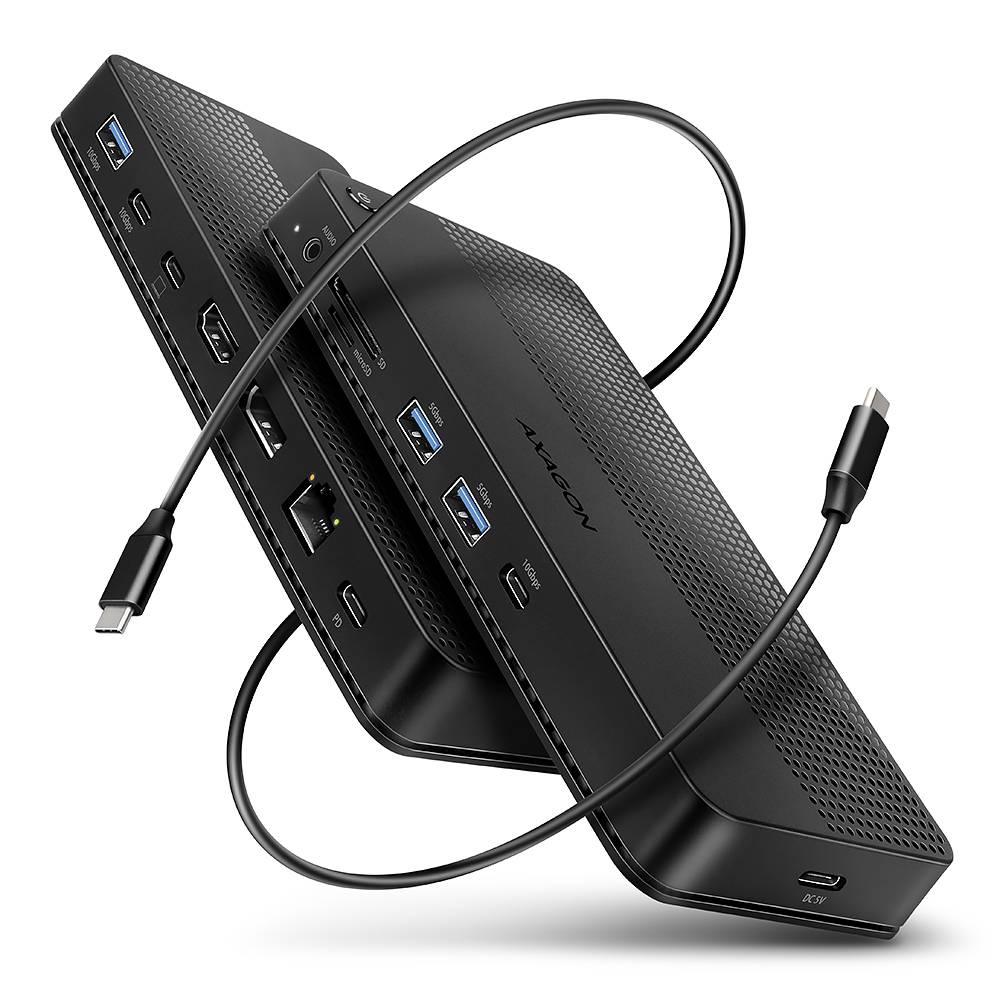 Schwarze 10-in-1 USB-C Dockingstation mit mehreren Anschlüssen und angeschlossenem Kabel, dargestellt auf weißem Hintergrund.