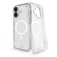 Zwei durchsichtige iPhone-Hüllen, jeweils von vorne und hinten gezeigt, jede mit einem MagSafe-Ladering und Kameraaussparungen.