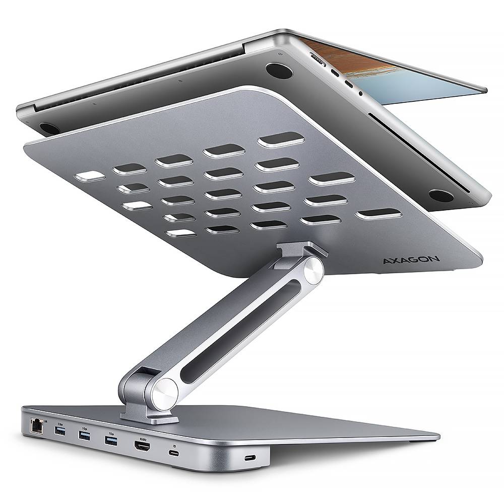 AXAGON HMC-STND, stojan pro 10"-16" notebooky, USB 5Gbps hub, 3x USB-A, HDMI 4k/60Hz, RJ-45, PD 100W, kabelis USB-C 60c