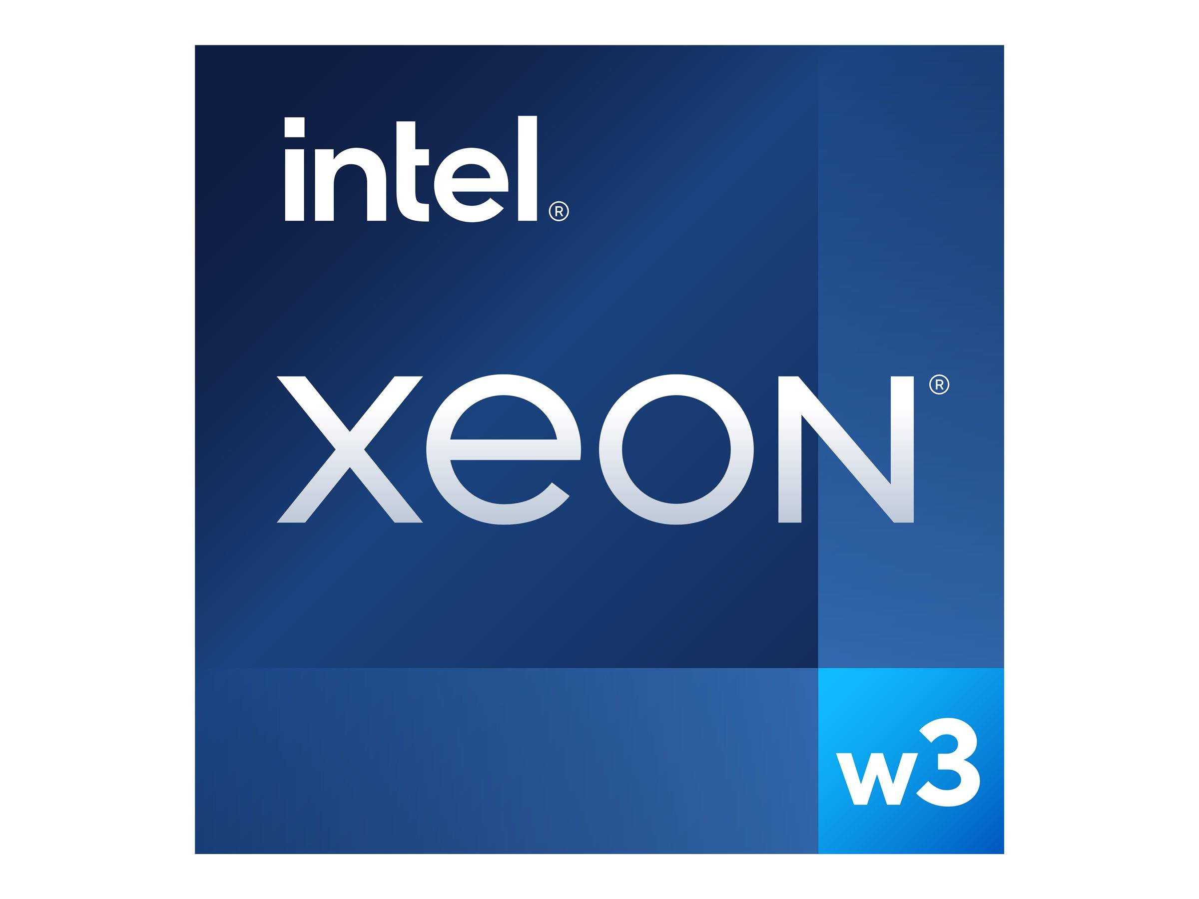 Intel Xeon W3 Prozessor Branding auf einem blauen quadratischen Logo mit dem Intel-Wortmarke über 