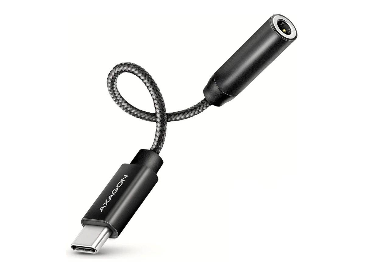 USB-C auf 3,5 mm Audioadapter mit geflochtenem Kabel und schwarzen Anschlüssen auf weißem Hintergrund.