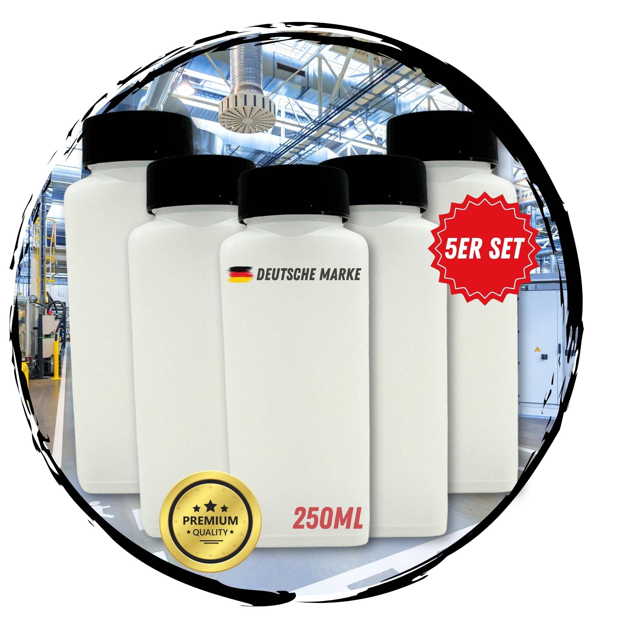 5 Stück 250ml Leerflasche Plastikflasche Flasche 0,25 Liter Kunststoff mit Deckel RD40 Gewinde Vierkantflasche HDPE zum befüllen leere Flasche