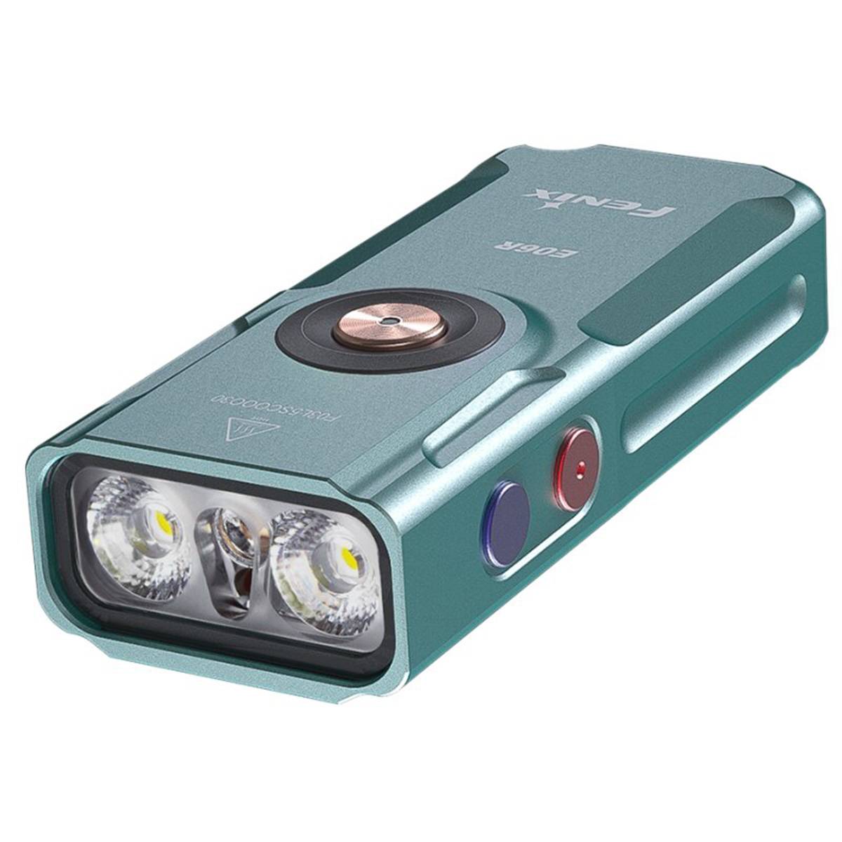 Teal-farbige tragbare wiederaufladbare Taschenlampe mit drei vorderen LEDs und Seitentasten, shown on a white background.
