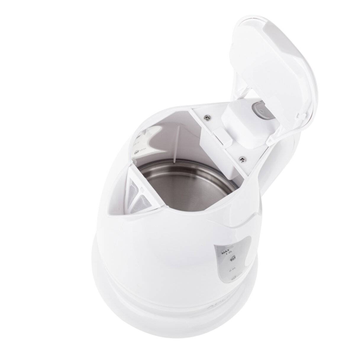 Elektrischer Wasserkessel mit geöffnetem Deckel, der die innere Edelstahlauskleidung und Messskalen an der Seite zeigt.