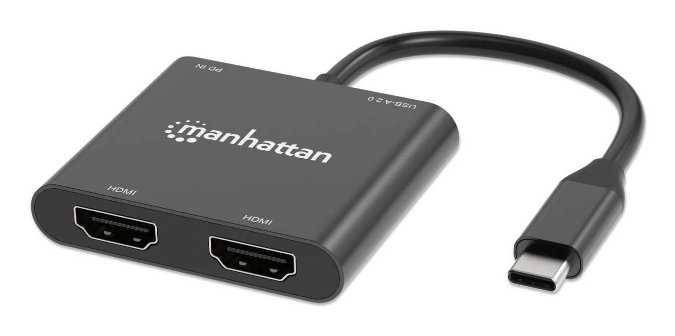 Manhattan Videoadapter - 24 pin USB-C männlich zu USB, HDMI, 16-poliger USB-C weiblich - 15 cm - Schwarz - USB-Stromversorgung (100 W)