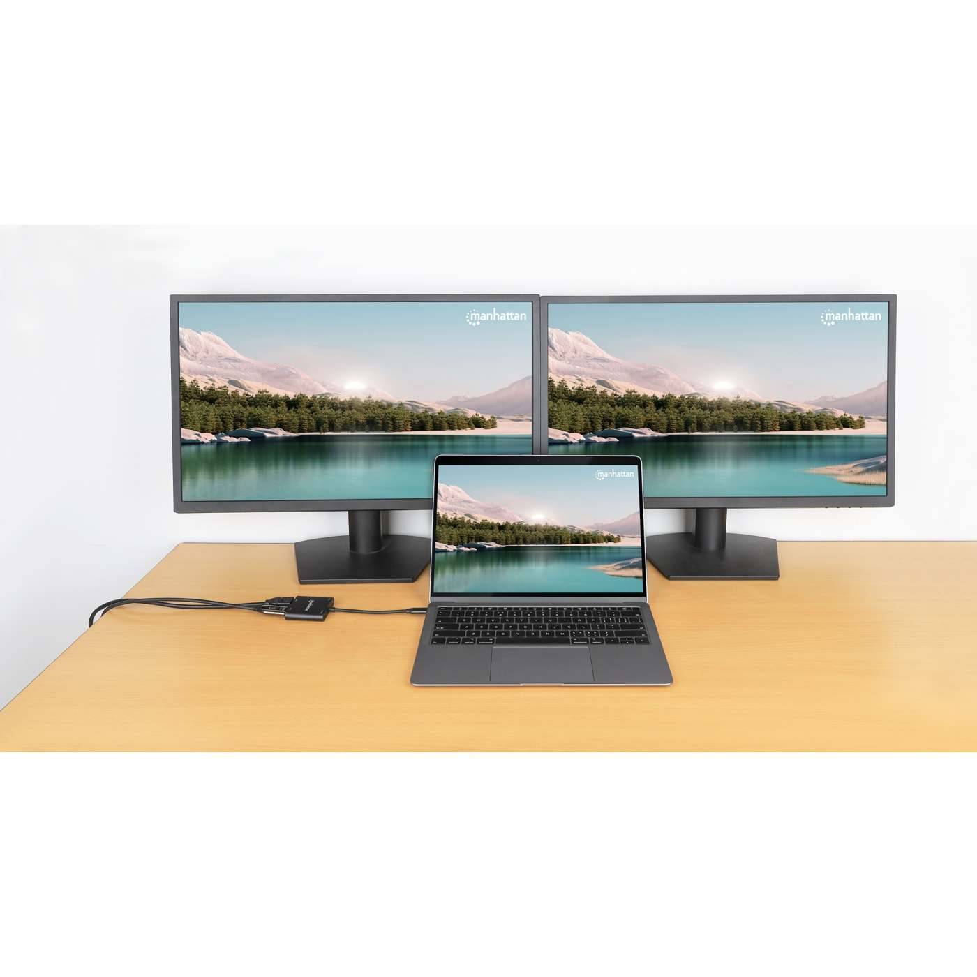 Manhattan Videoadapter - 24 pin USB-C männlich zu USB, HDMI, 16-poliger USB-C weiblich - 15 cm - Schwarz - USB-Stromversorgung (100 W)