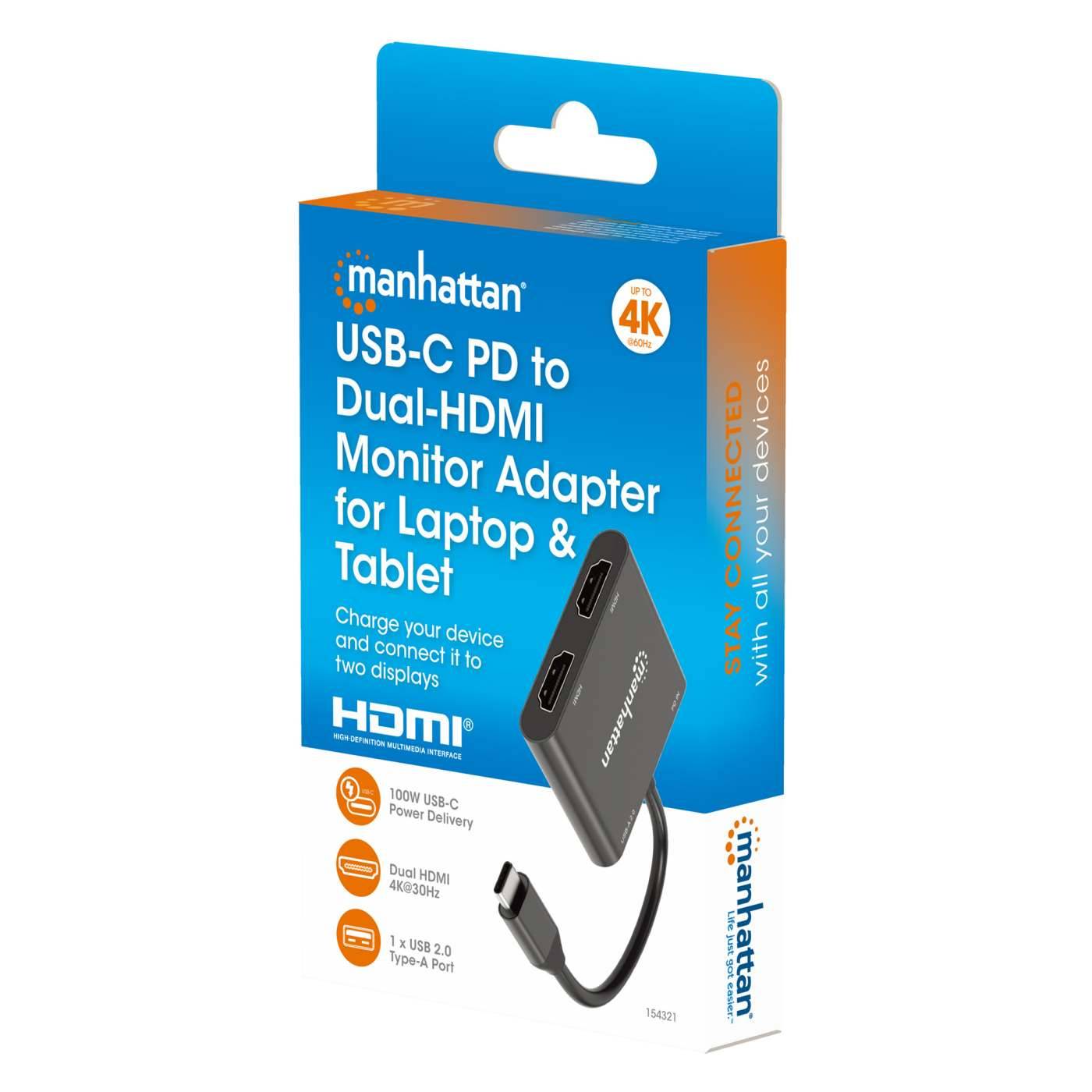 Manhattan Videoadapter - 24 pin USB-C männlich zu USB, HDMI, 16-poliger USB-C weiblich - 15 cm - Schwarz - USB-Stromversorgung (100 W)