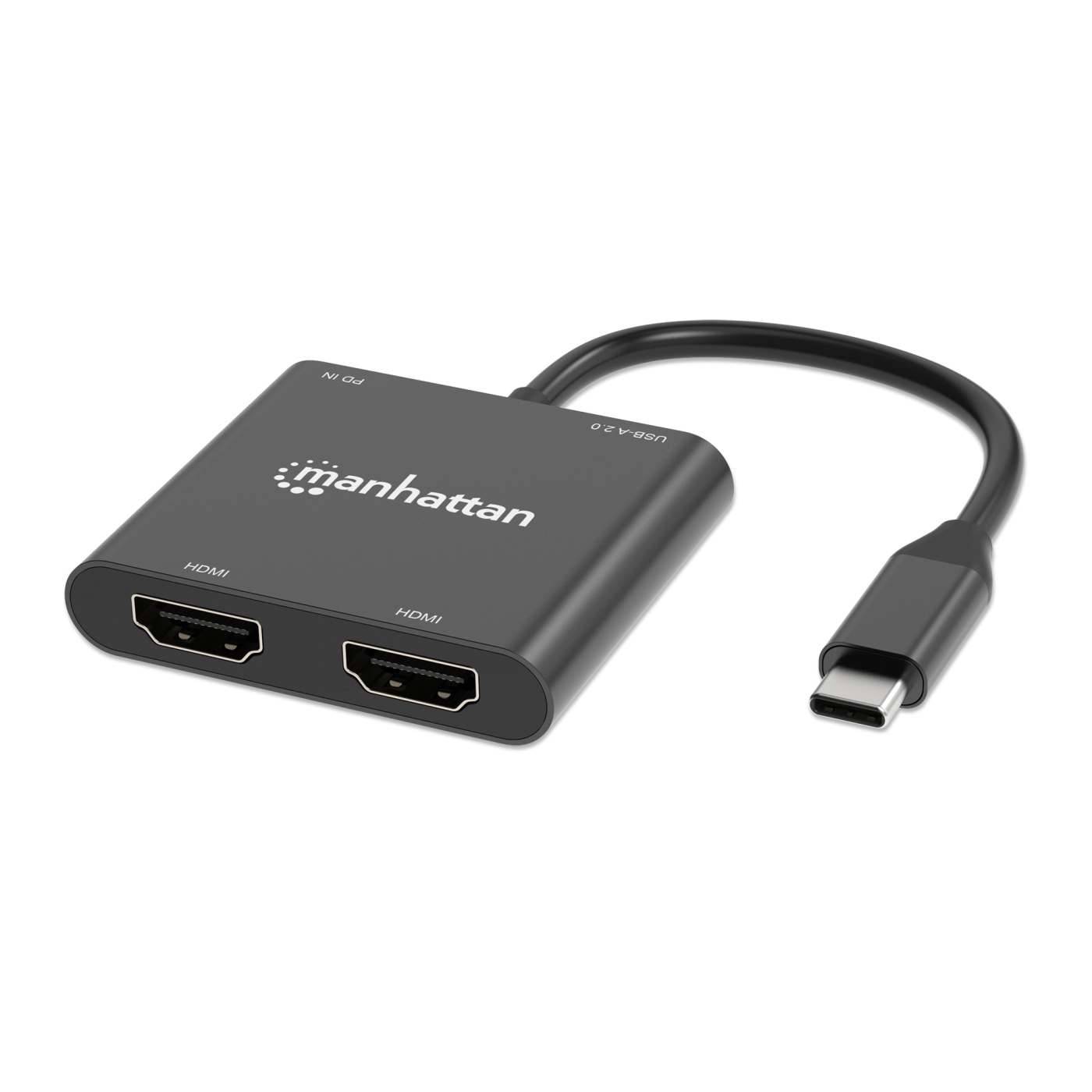 Manhattan Videoadapter - 24 pin USB-C männlich zu USB, HDMI, 16-poliger USB-C weiblich - 15 cm - Schwarz - USB-Stromversorgung (100 W)