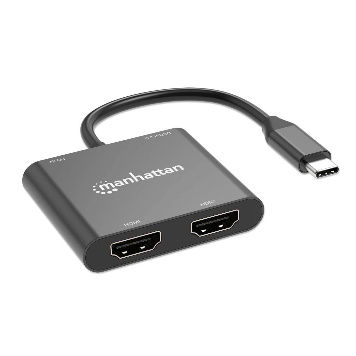 Manhattan Videoadapter - 24 pin USB-C männlich zu USB, HDMI, 16-poliger USB-C weiblich - 15 cm - Schwarz - USB-Stromversorgung (100 W)