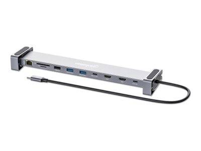 Ein schlanker, silberner USB-C-Hub mit mehreren Anschlüssen, einschließlich USB-A, HDMI und Ethernet, entwickelt für Geräteverbindungen und Erweiterungsmöglichkeiten.