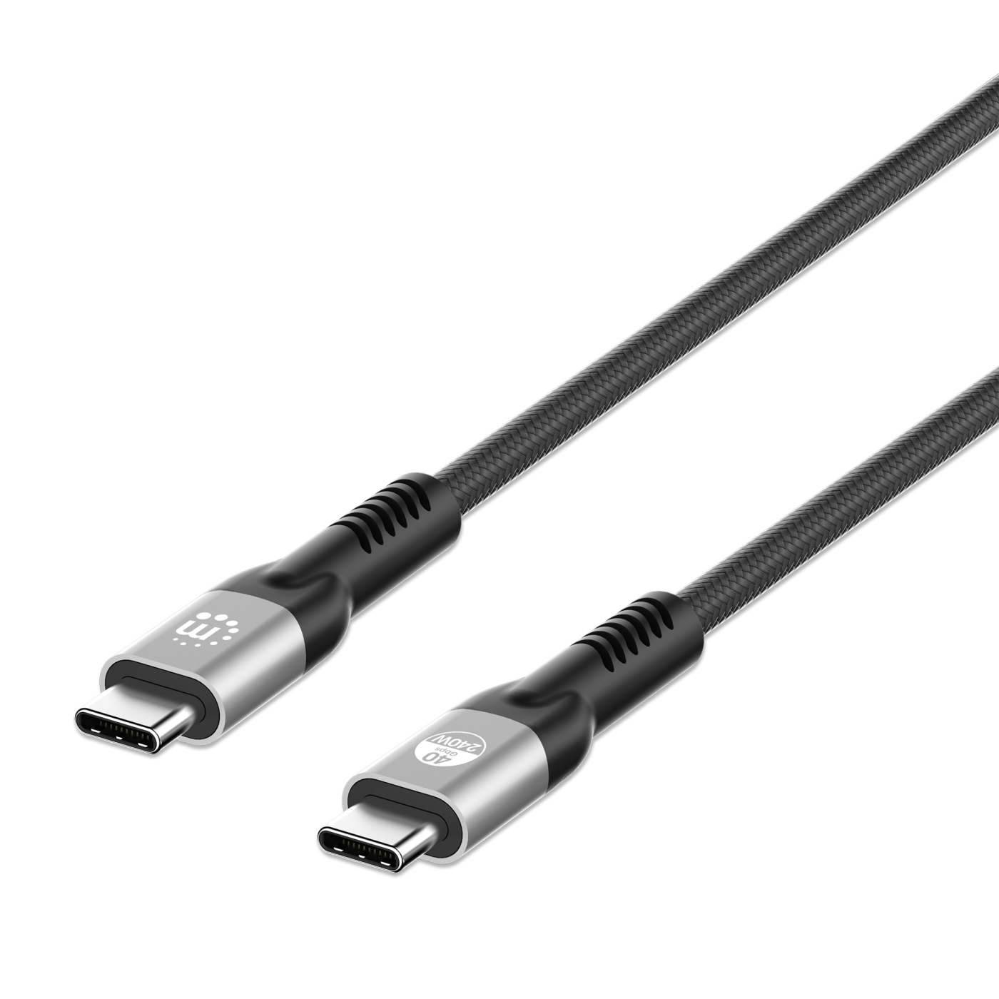Zwei USB-C-Kabelenden auf weißem Hintergrund, zeigen ein geflochtenes schwarzes Kabel mit metallischen Steckern.