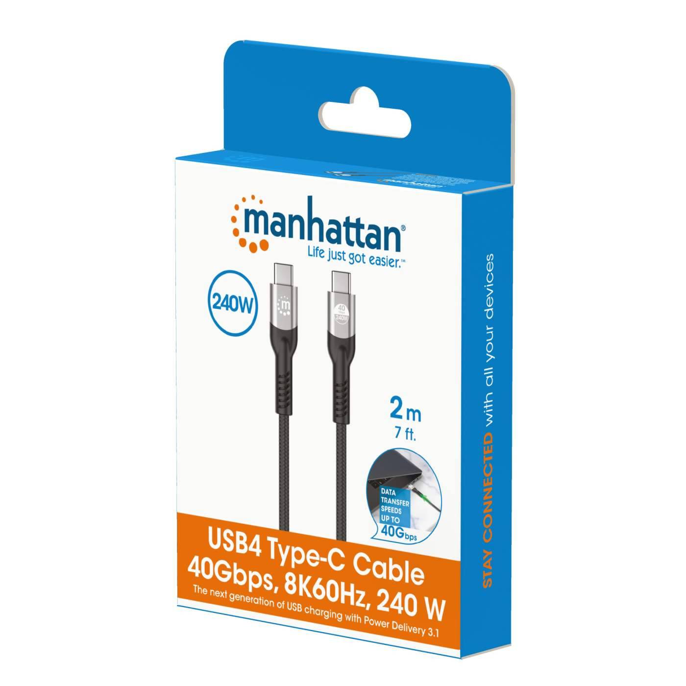 Manhattan USB4 Typ-C Kabel Verpackung, mit Beschriftung 40 Gbps, 8K60Hz, 240 W, 2 m (7 ft), mit einem Bild des Kabels.