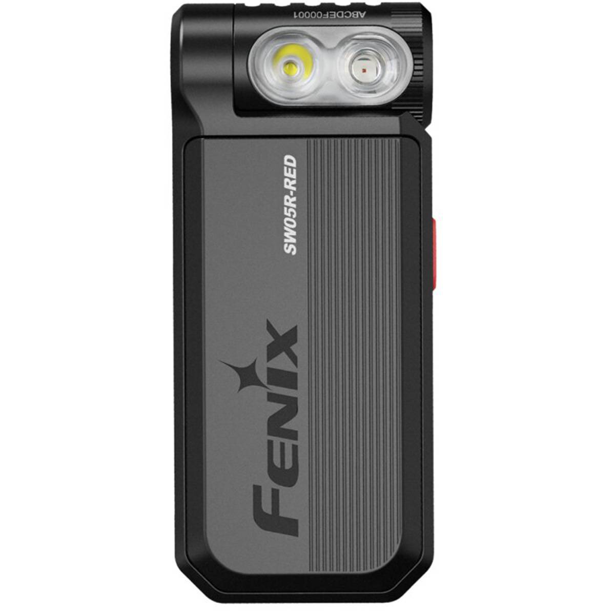 Black Fenix SW05R-RED wiederaufladbarer Taschenlampe mit zwei LED-Leuchten und seitlichem Ein-Aus-Schalter, Vorderansicht auf weißem Hintergrund.