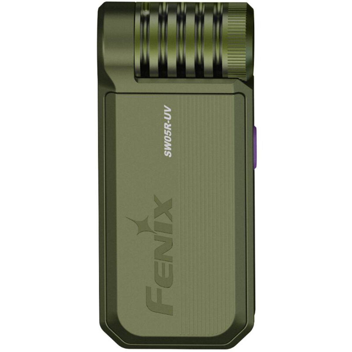 Olivgrüne Fenix SW05R-UV Taschenlampe mit Clip und gerillter Oberseite, Vorderansicht auf weißem Hintergrund gezeigt.