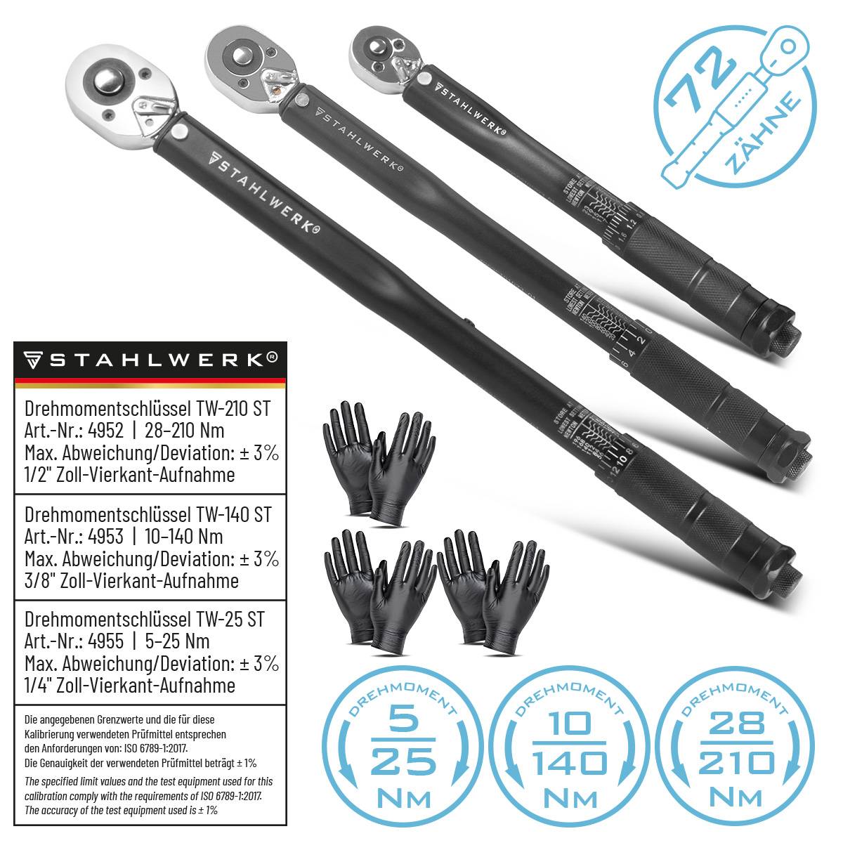 STAHLWERK Drehmomentschlüssel Dreierset 1/4", 3/8" & 1/2" bis 210 NM