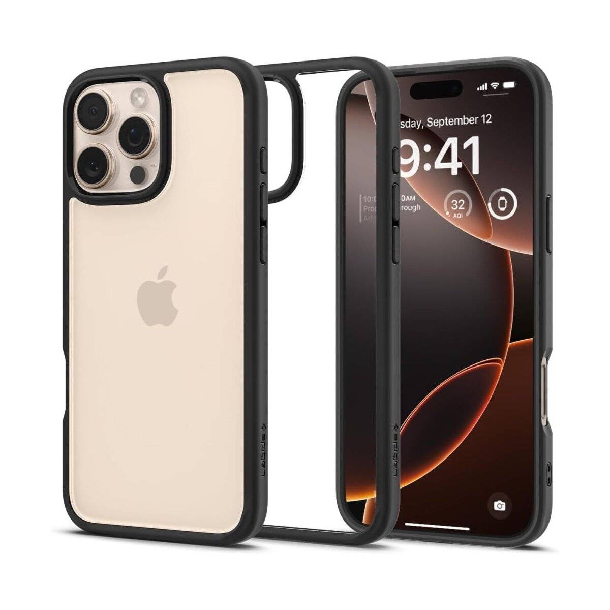 „iPhone mit beigefarbener Schutzhülle, auf dem Homescreen die Uhrzeit 9:41 angezeigt wird, Dienstag, 12. September. Schwarze Schutzhülle neben dem Telefon.