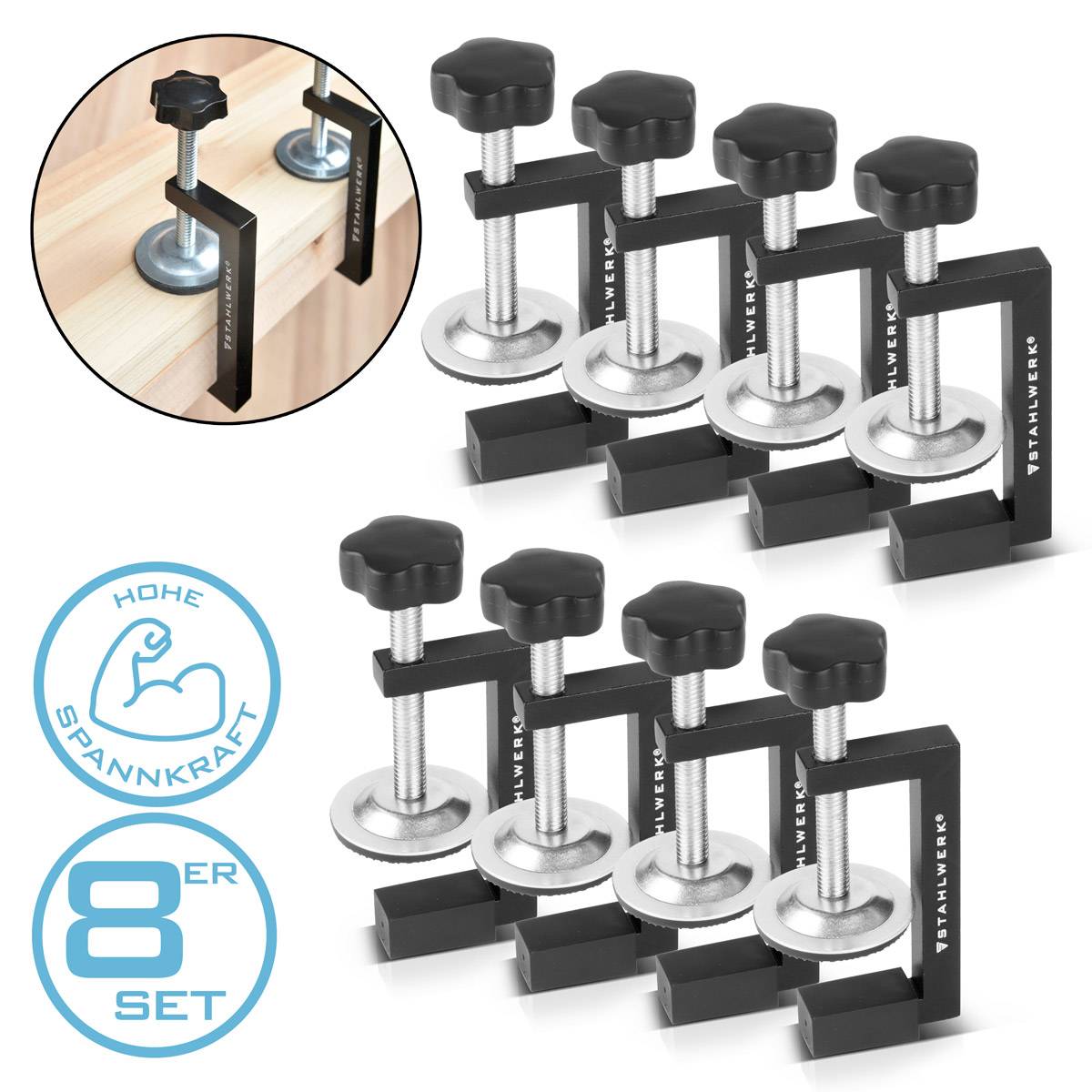 STAHLWERK G-Klemmen 8er Set zur Holzbearbeitung, G-Klammer, Schraubklemmen