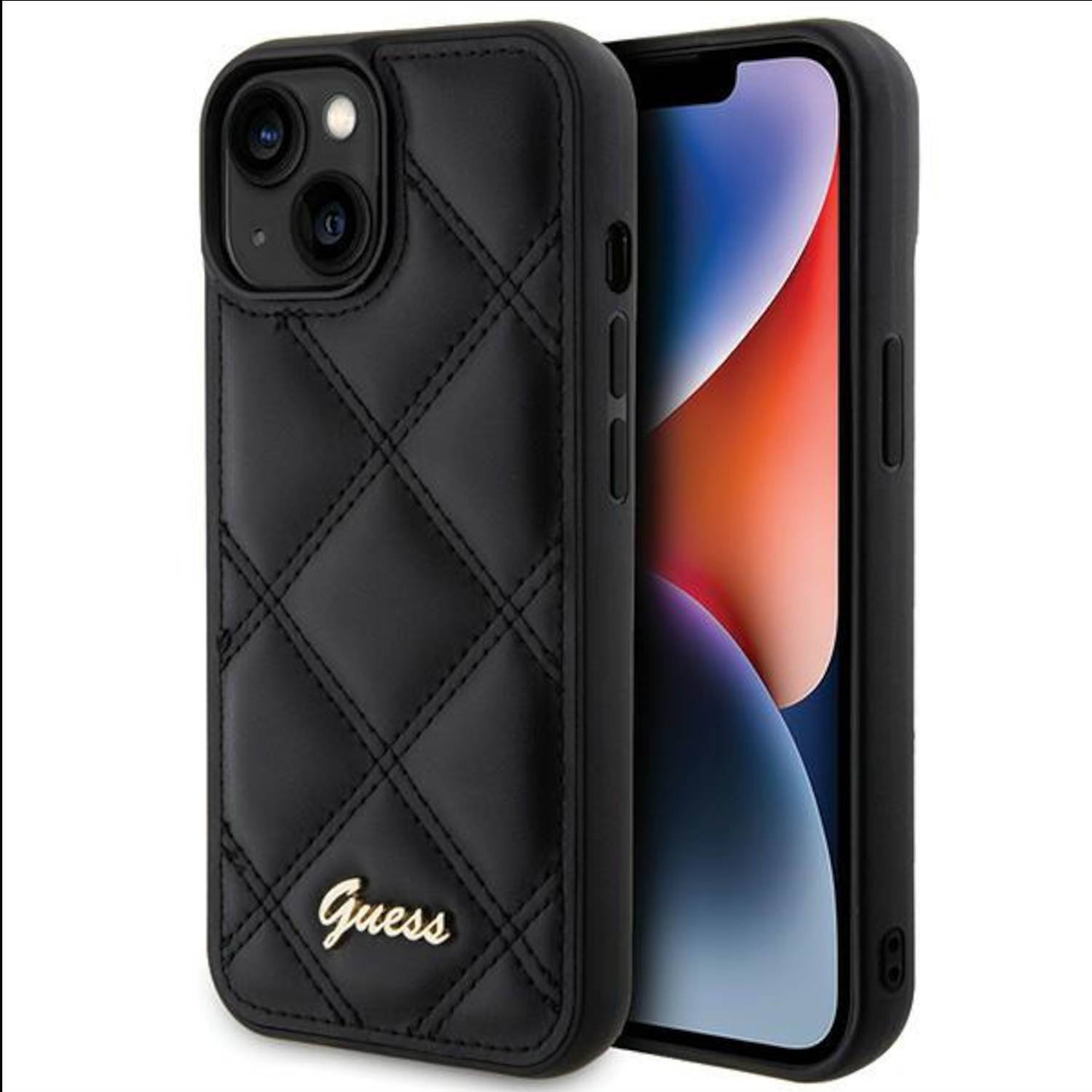 Guess Apple iPhone 15 Schutzhülle Case Cover Etuis Quilted Metal Logo Schwarz