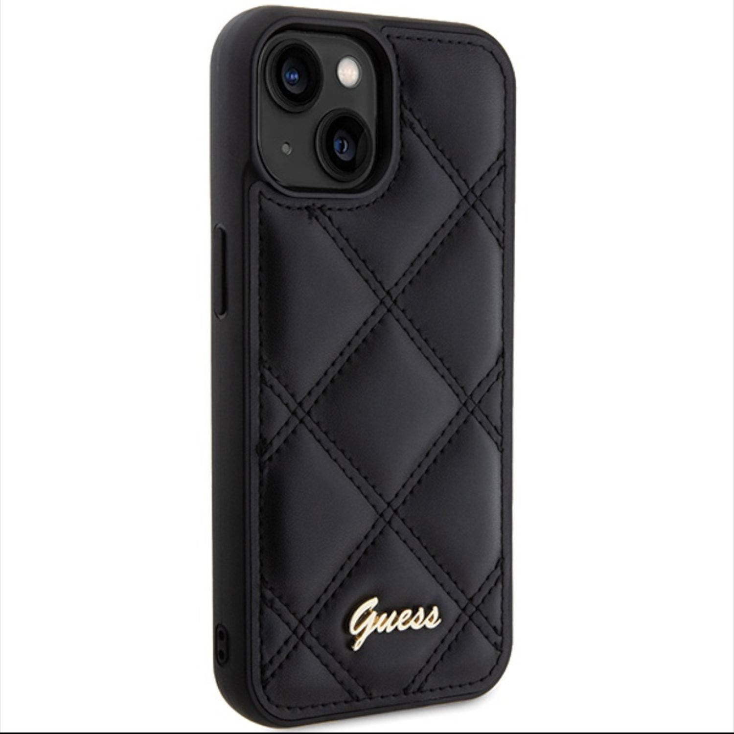 Guess Apple iPhone 15 Schutzhülle Case Cover Etuis Quilted Metal Logo Schwarz