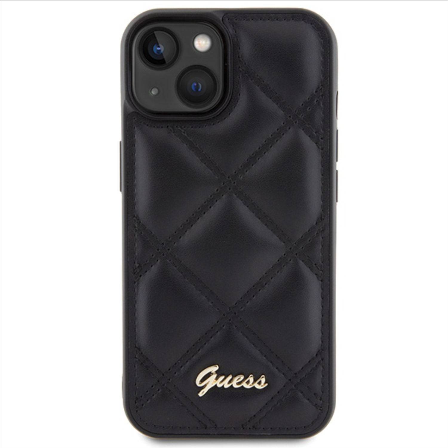 Guess Apple iPhone 15 Schutzhülle Case Cover Etuis Quilted Metal Logo Schwarz