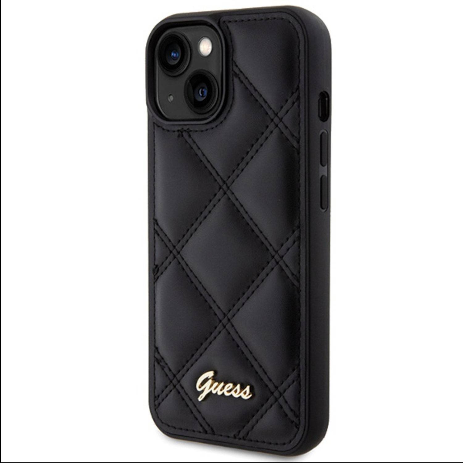 Guess Apple iPhone 15 Schutzhülle Case Cover Etuis Quilted Metal Logo Schwarz