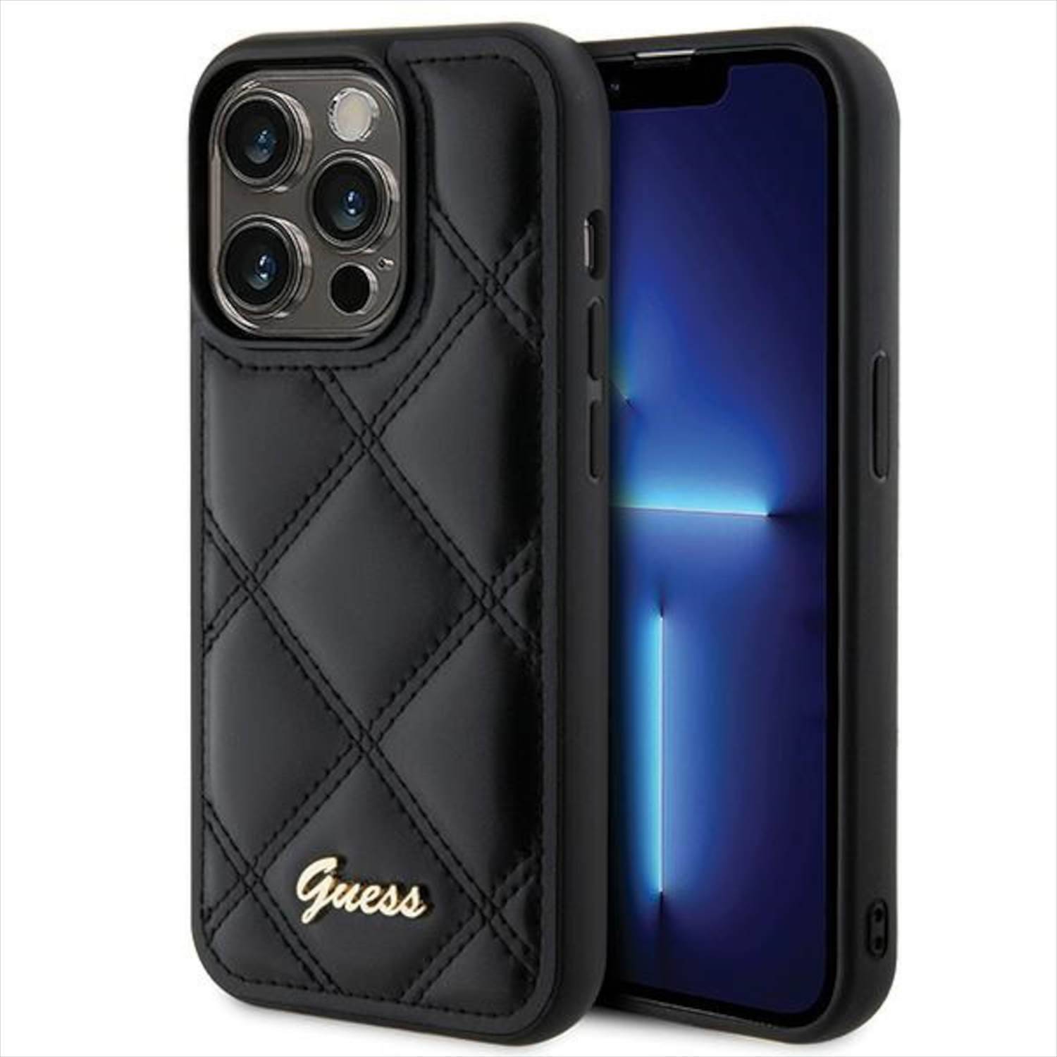 Guess Apple iPhone 15 Pro Max Schutzhülle Case Cover Quilted Metal Logo Schwarz