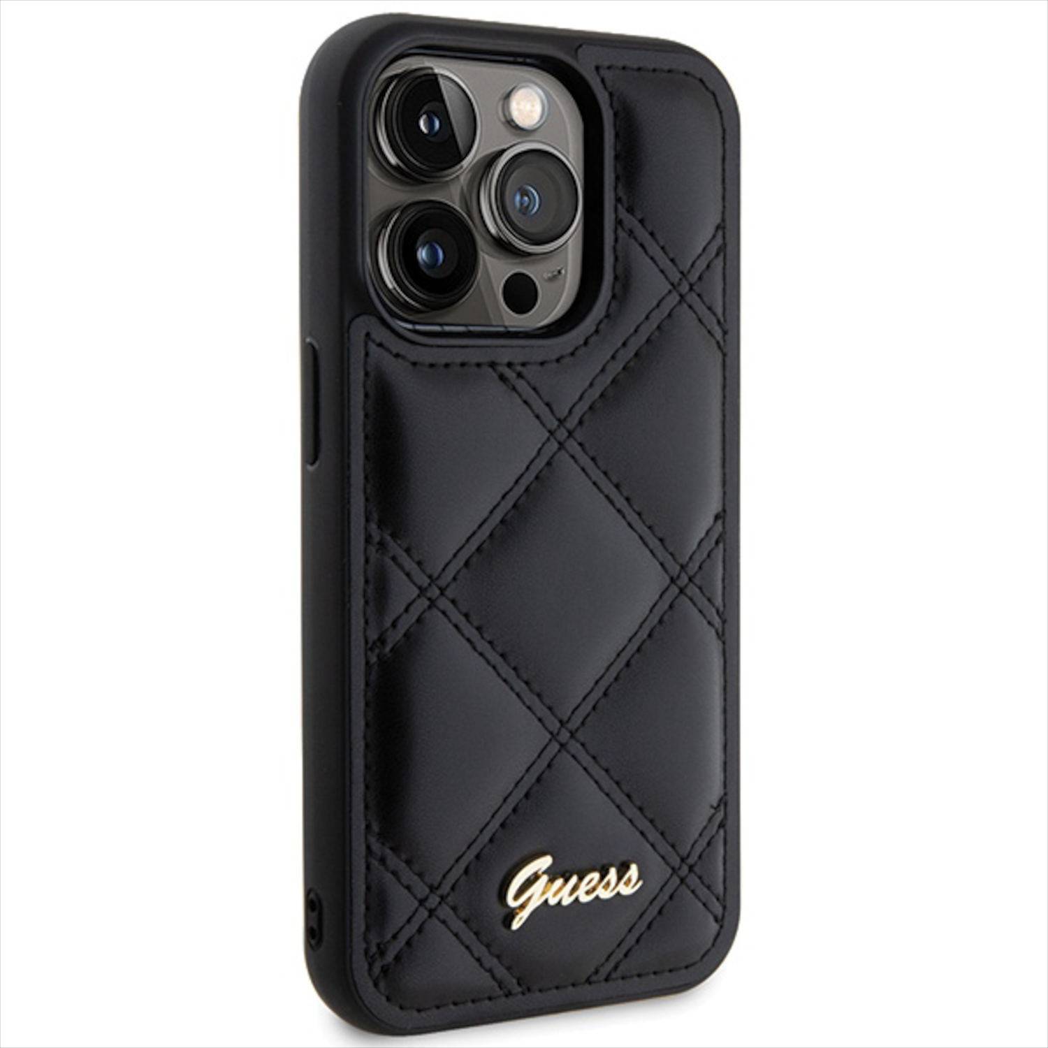 Guess Apple iPhone 15 Pro Max Schutzhülle Case Cover Quilted Metal Logo Schwarz