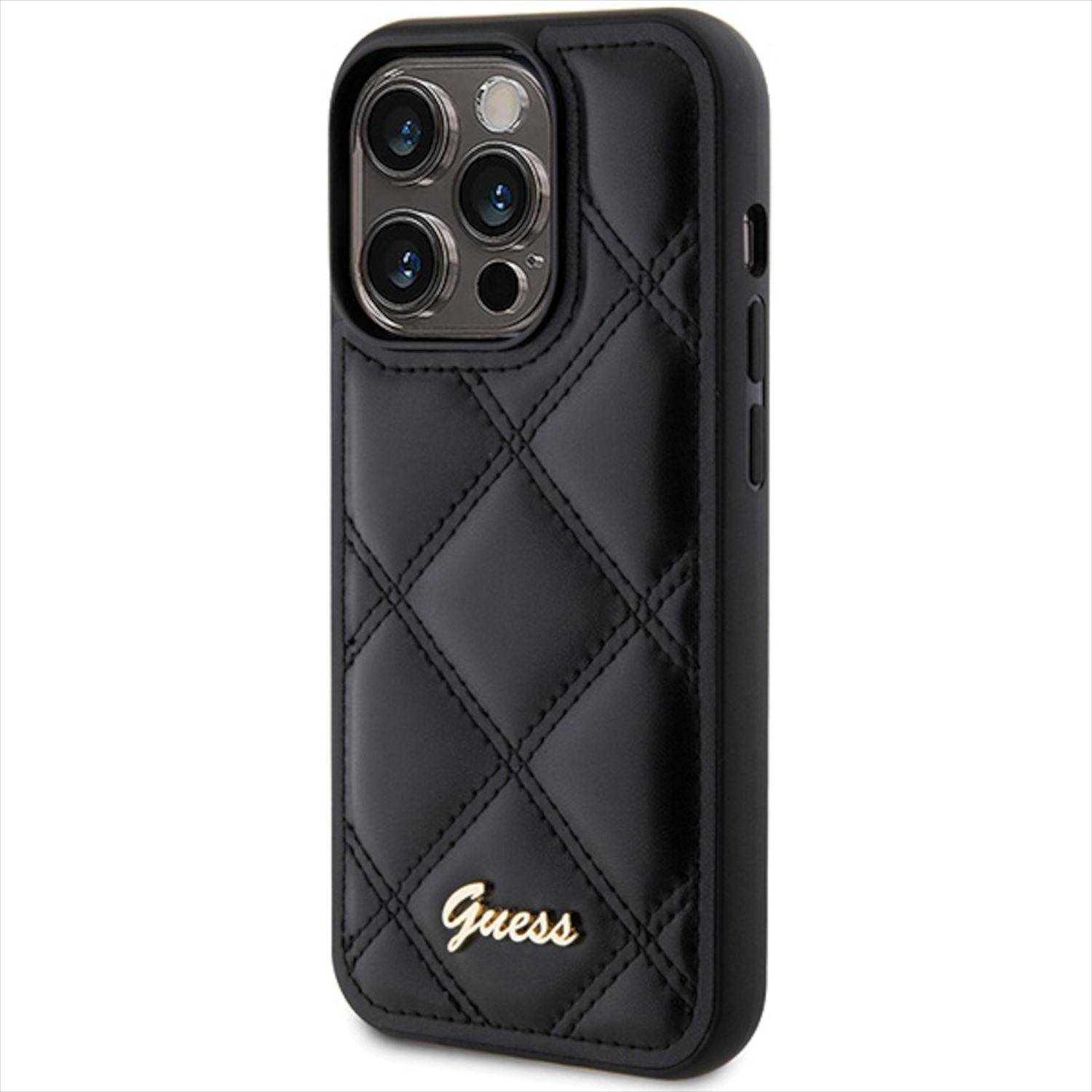 Guess Apple iPhone 15 Pro Max Schutzhülle Case Cover Quilted Metal Logo Schwarz