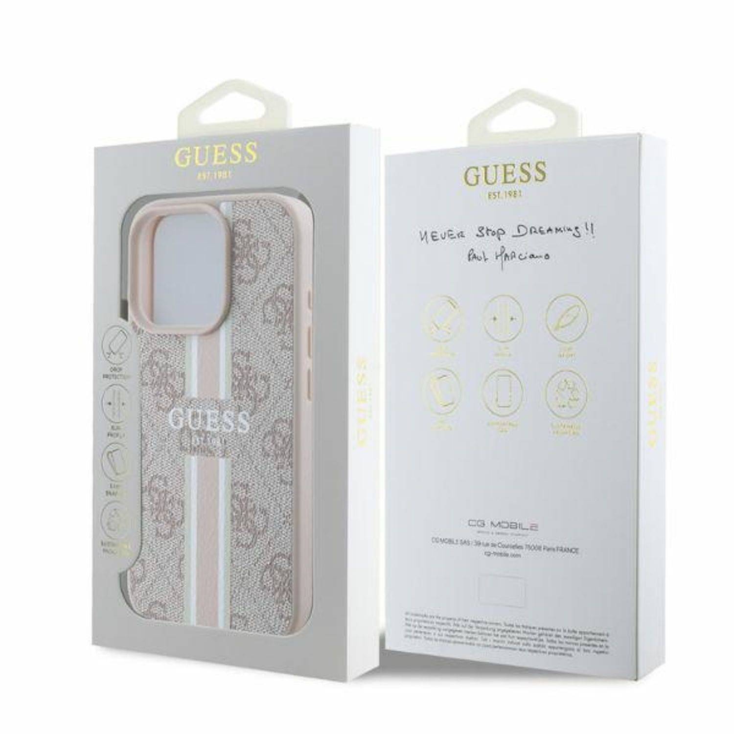 GUESS Apple iPhone 16 Pro Hardcase Hülle 4G Streifen Design MagSafe Pink