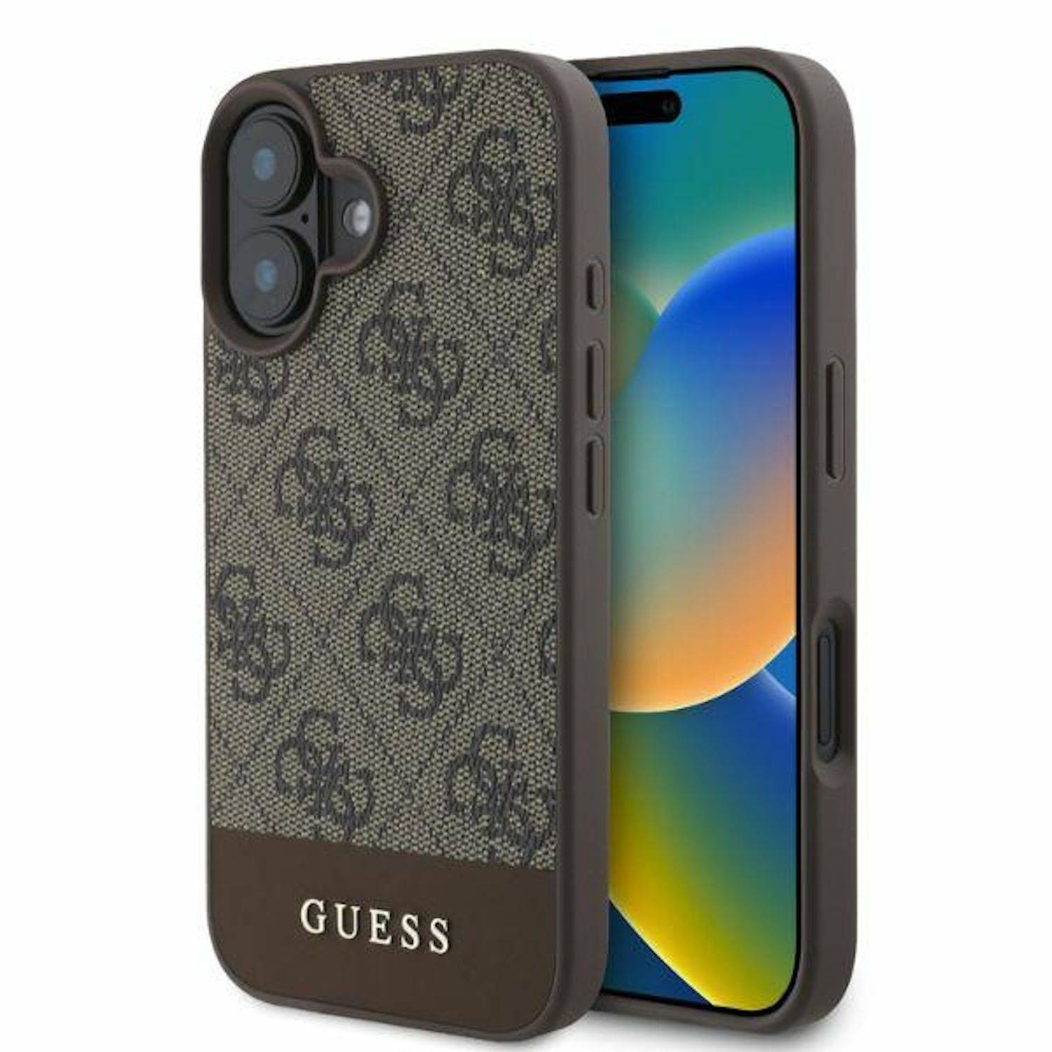 GUESS Apple iPhone 16 Hardcase Design 4G Bottom Stripe Schutz Hülle Braun