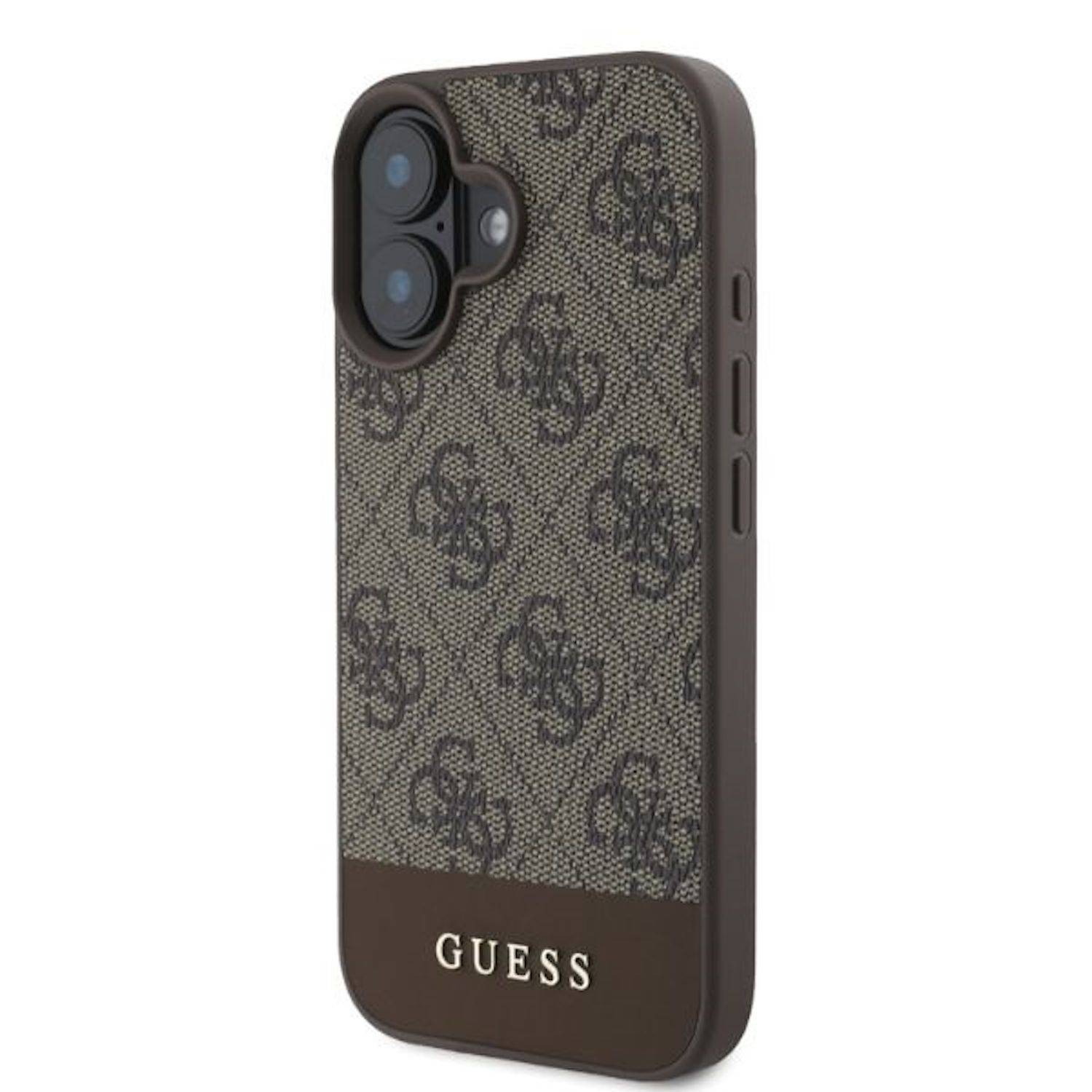 GUESS Apple iPhone 16 Hardcase Design 4G Bottom Stripe Schutz Hülle Braun