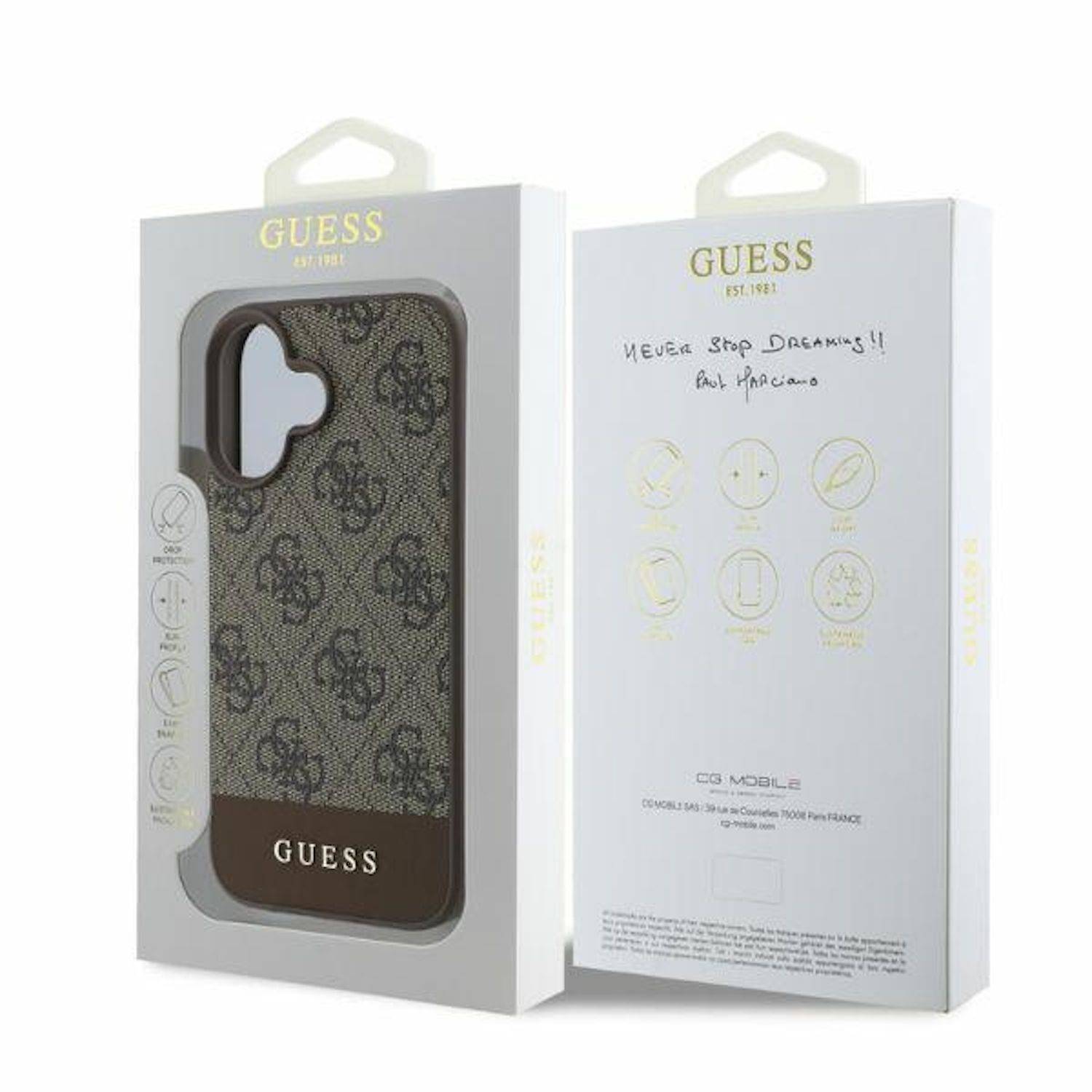 GUESS Apple iPhone 16 Hardcase Design 4G Bottom Stripe Schutz Hülle Braun