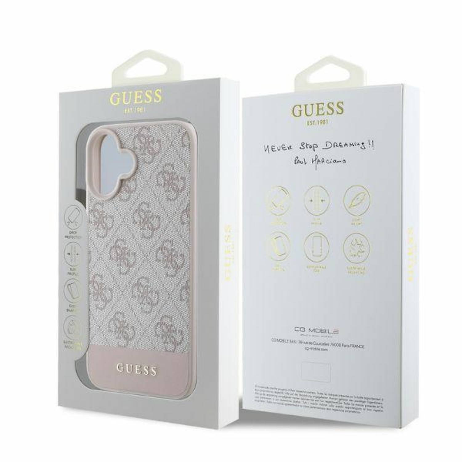 GUESS Apple iPhone 16 Hardcase Design 4G Bottom Stripe Schutz Hülle Pink