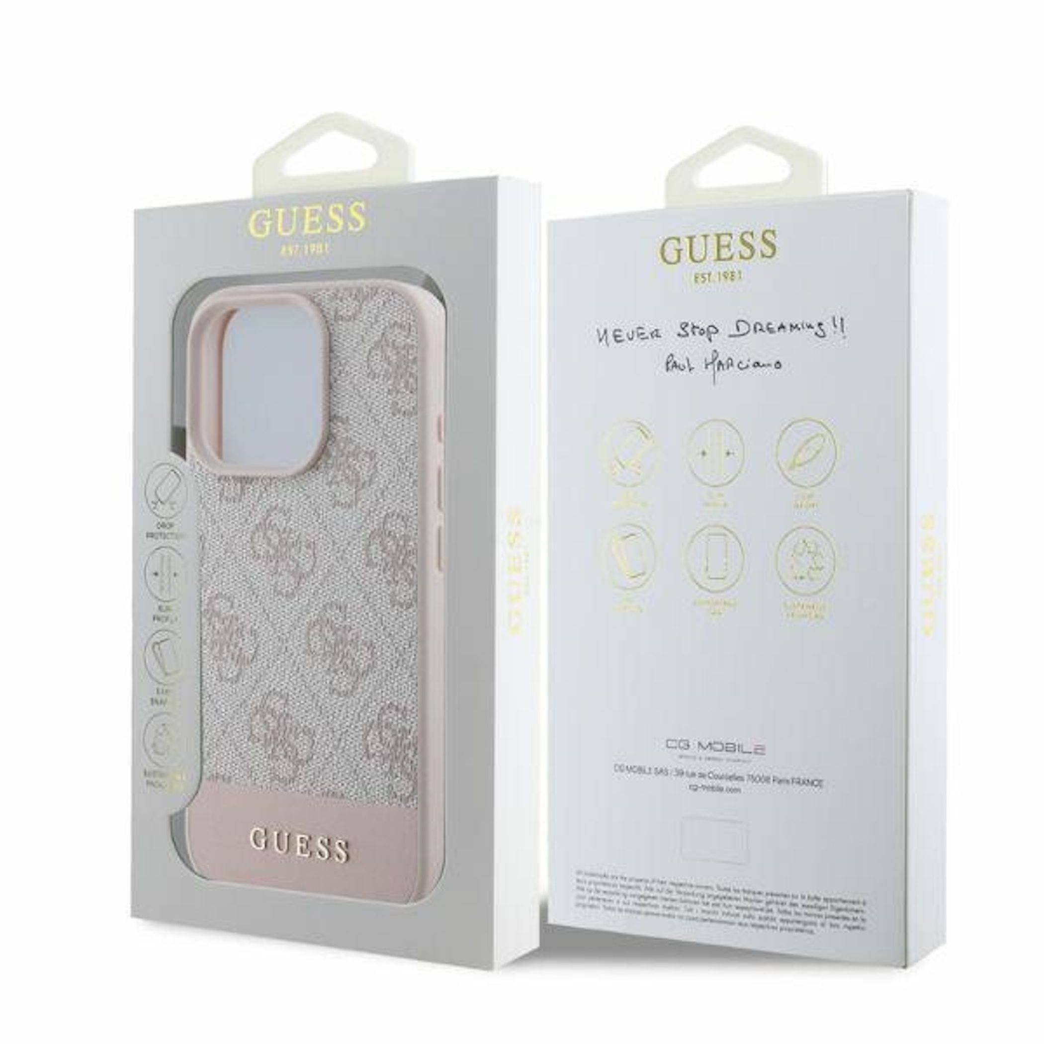 Zwei GUESS iPhone-Hüllen in Verpackung, eine zeigt eine rosa Blumenhülle mit großem Kameraausschnitt, die andere Rückseite der Box mit handschriftlicher Notiz und Funktionssymbolen.