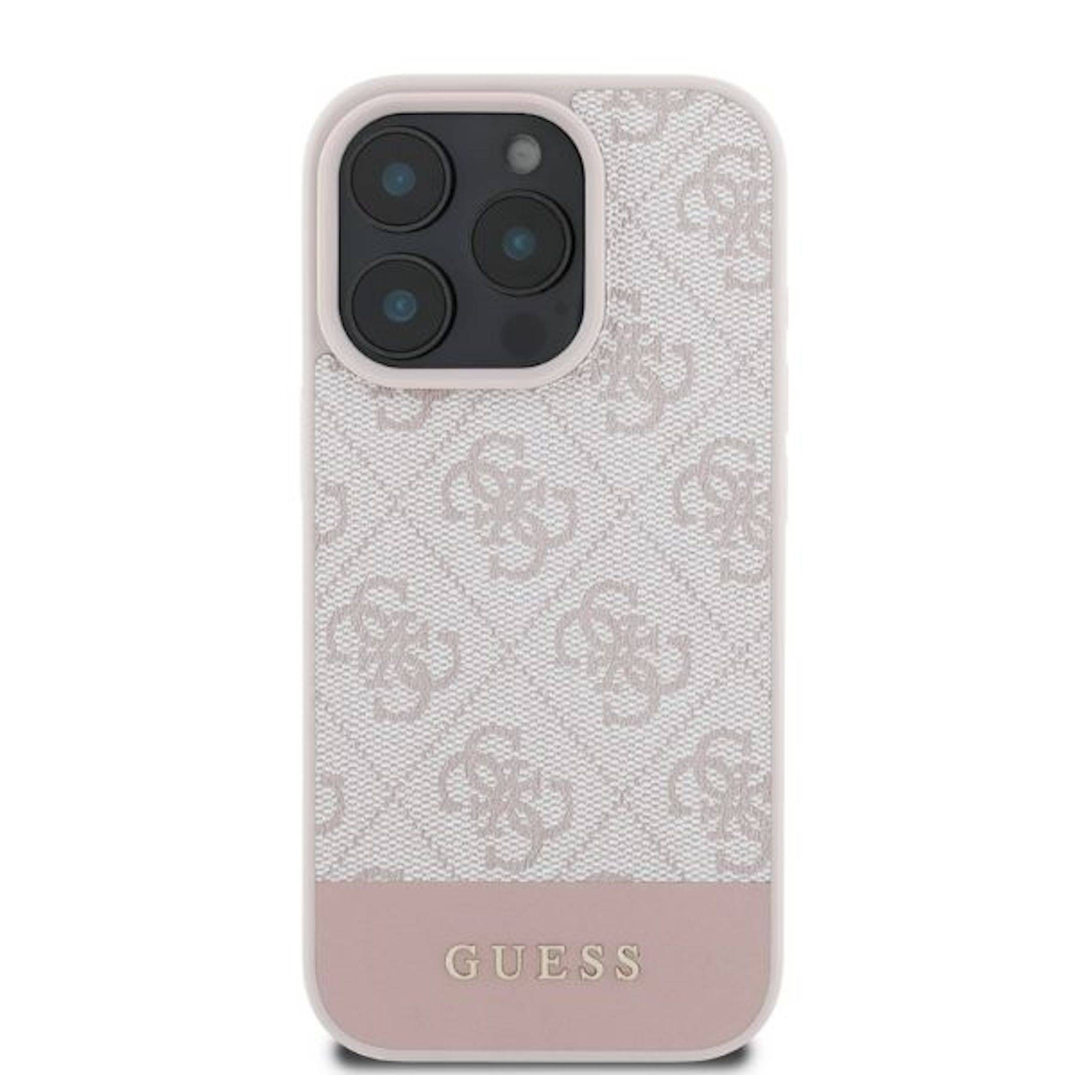 Beige Guess Handyhülle mit wiederholtem Logomuster, rosa Bodenband und quadratischem Ausschnitt für dreifache Kameraobjektive.