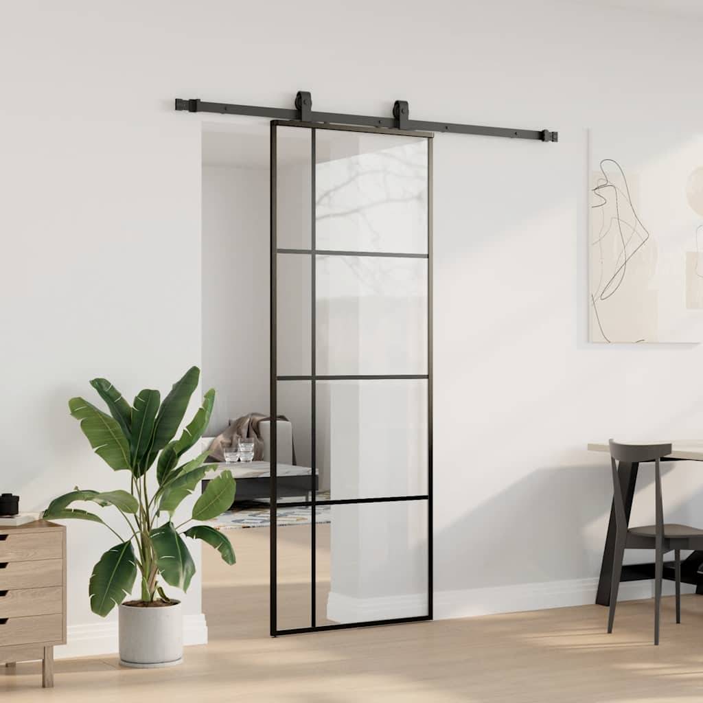 vidaXL Schiebetür mit Beschlag Schwarz 76x205 cm ESG-Glas