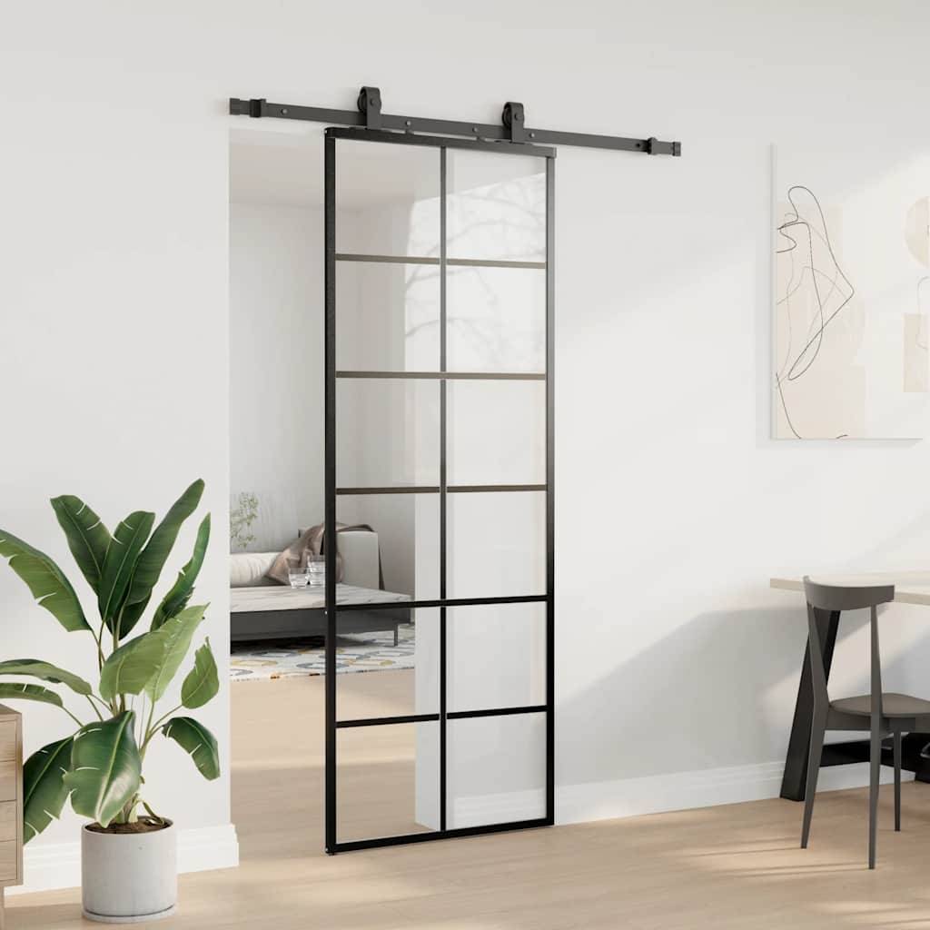 vidaXL Schiebetür mit Beschlag Schwarz 76x205 cm ESG-Glas