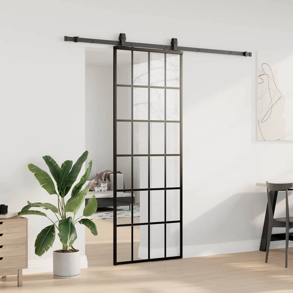 vidaXL Schiebetür mit Beschlag Schwarz 76x205 cm ESG-Glas