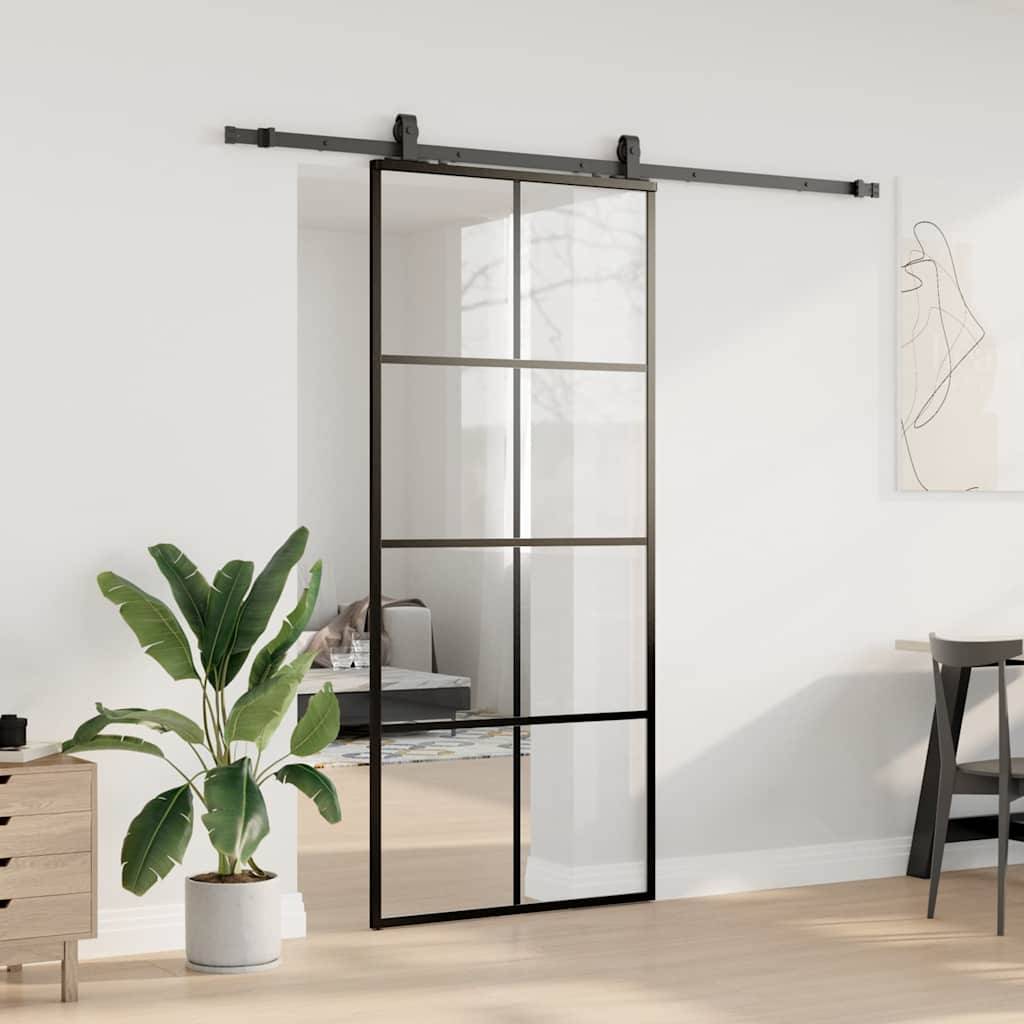 vidaXL Schiebetür mit Beschlag Schwarz 90x205 cm ESG-Glas