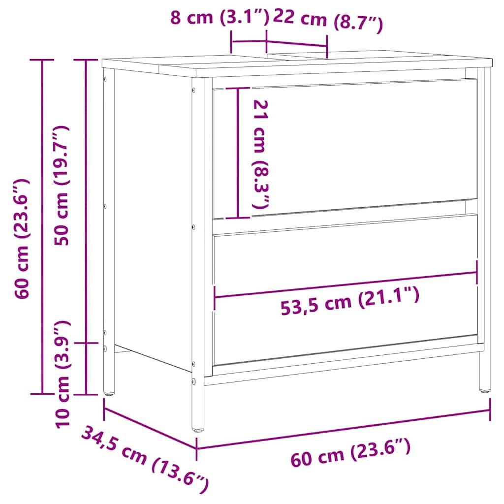 vidaXL Waschbeckenunterschrank mit Schubladen Grau Sonoma 60x34,5x60cm